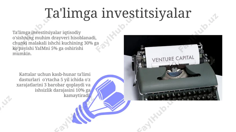 r samaradorligini 20% ga oshirishi va ishdan bo'shatish xarajatlarini 15% ga kamaytirishi mumkin, bu esa kompaniya uchun yuqori rentabellikni ta'minlaydi. ish joyida o'qitish va rivojlantirishga sarmoya kiritish, 3 yil ichida investitsiyaning 300% gacha qaytarilishini ta'minlaydi, bu kompaniya raqobatbardoshligini oshiradi. davlatning insonga investitsiyalarni qo'llab-quvvatlashi davlat tomonidan ta'limga 20% dan ortiq byudjet mablag'lari ajratilishi yuqori malakali mutaxassislar sonini ko'paytirishga va iqtisodiy o'sishga turtki bo'ladi. kam ta'minlangan oilalarning farzandlari uchun 50% gacha stipendiyalar va grantlarni taqdim etish ijtimoiy adolatni ta'minlash va inson kapitaliga investitsiyalarni kengaytirishga xizmat qiladi. inson kapitaliga investitsiyalarni moliyalashtirish 01 02 xususiy sektor tomonidan taqdim etilayotgan investitsiyalar soni o'rtacha 15% ga o'sgan bo'lib, bu korxonalarning xodimlarni o'qitish va malakasini oshirishga sarmoya kiritishga bo'lgan qiziqishini ko'rsatadi. sales 1st qtr 2nd qtr 100 0 sales 1st qtr 2nd qtr 100 0 inson kapitaliga investitsiyalar va barqaror rivojlanish kamida 7 yil davom etadigan doimiy kasbiy rivojlanish dasturlari, ishsizlik darajasini 2% ga kamaytirib, barqaror ijtimoiy …