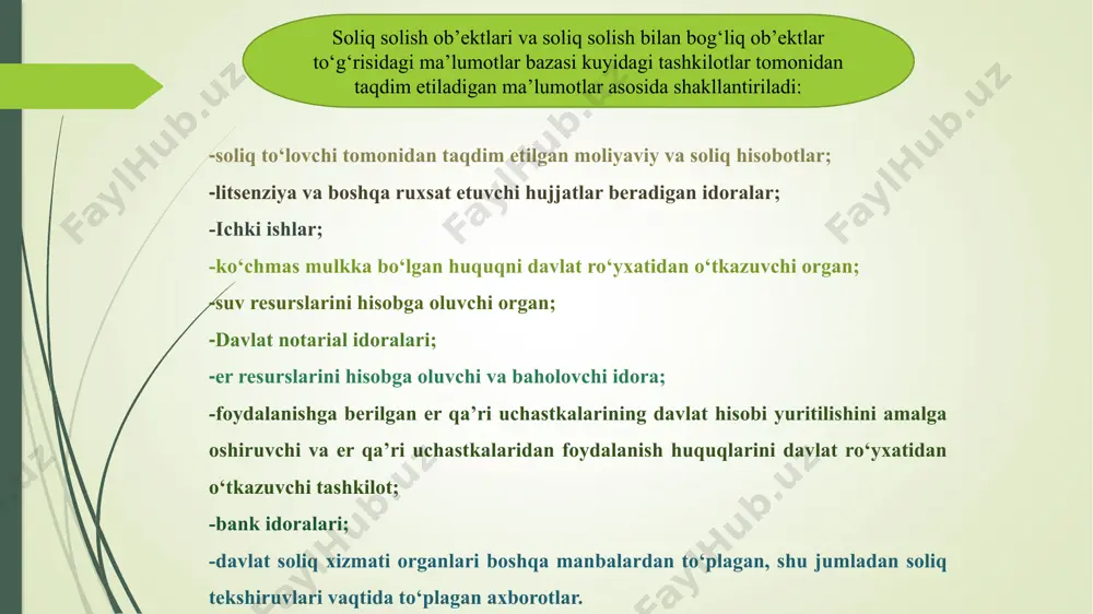 ‘langan pullardan daromad solig‘i olinmagan soliq kodeksiga kiritilgan o‘zgartirishlarga ko‘ra: o‘zbekiston rezidentlari va norezidentlari bo‘lgan jismoniy shaxslarning (aksiyadorlarning) aksiyalar bo‘yicha dividendlar tarzidagi daromadlari jismoniy shaxslardan olinadigan daromad solig‘idan ozod qilinadi; o‘zbekistonning norezidentlari bo‘lgan yuridik shaxslarning (aksiyadorlarning) aksiyalari bo‘yicha dividendlar tarzidagi daromadlariga foyda solig‘i bo‘yicha 5 foiz miqdorida soliq stavkasi qo‘llaniladi; o‘zbekistonning rezidentlari va norezidentlari bo‘lgan jismoniy va yuridik shaxslarning xo‘jalik jamiyatlari obligatsiyalari bo‘yicha foizlar tarzidagi daromadlari jismoniy shaxslardan olinadigan daromad solig‘idan hamda foyda solig‘idan ozod etiladi. quyidagilarga qo‘llaniladigan soliq imtiyozlari 2028-yil 31-dekabrgacha uzaytirildi: soliq kodeksiga kiritilgan o‘zgartirishlarga ko‘ra: e’tiboringiz uchun rahmat ! image2.png image3.png image4.png image5.png image6.png image7.png image8.png image9.png image1.jpeg /docprops/thumbnail.jpeg