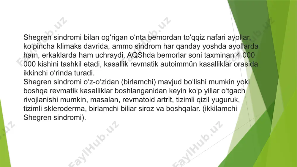 ari bilan namlangan qogʻozning uzunligi oʻlchanadi. 5 mm dan kam b’olsa shegren sindromiga shubha qilinadi. shuni esda tutish kerakki, koʻz yosh ajaralish funksiyasi yosh bilan, shuningdek, boshqa kasalliklar bilan kamayadi. sialometriya. odatda, askorbin kislotasi bilan qoʻzgʻatilganda, 5 daqiqada taxminan 2,5-6,0 ml soʻlak chiqariladi. soʻlakning stimullanmagan toʻplanishi. bemor 15 daqiqa davomida soʻlakni probirkada toʻplaydi. 1,5 ml dan kam natija ijobiy hisoblanadi. 4.sialografiya. kontrastli rentgen tekshiruvi. kontrast yuqori jagʻning ikkinchi yirik molarining boʻyin darajasida ogʻiz oldida yonoqda ochiladigan parotid soʻlak bezining kanaliga yuboriladi. shundan soʻng ushbu hududning rentgenogrammasi olinadi. shegren sindromi bilan kanallarni kengayishi va destruksiyasi aniqlanadi[7]. 5.koʻzni yorugʻ chiroq bilan tekshirish (grinchela-sinchela lampasi). koʻz sirtining quruqligini aniqlash imkonini beradi. 6.kichik soʻlak bezlarining biopsiyasi. limfotsitlar tomonidan soʻlak bezlarining infiltratsiyasi aniqlanadi. 7.soʻlak bezlarini ultratovush tekshiruvi. oddiy, invaziv boʻlmagan, xavfsiz diagnostika usuli. bezlar parenximasida kichik — 2-6 mm — gipoexogen joylar topiladi, ular limfotsitar infiltratsiya hisoblanadi. koʻpincha bezlarning kanallarida toshlar aniqlanadi. davolash hozirgi vaqtda …