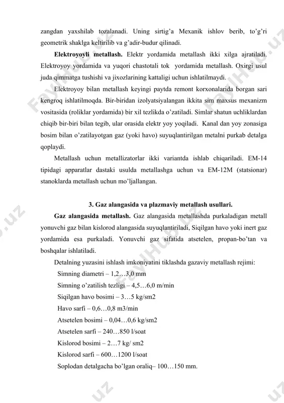 ir. bu jarayonning mohiyati shundan iboratki, bunda plazma oqimi yordamida suyuqlantirilgan metall plazma xosil qilish va ximoyalashda ishlatiladigan o’sha gazlar yordamida purkalib qoplanadi. plazma yuqori temperaturadagi kuchli ionlashgan modda bo’lib, uning tarkibida ko’p miqdorda zaryadlangan zarrachalar bo’ladi. plazmani xosil qilish uchun plazmatron deb ataladigan gorelkalardan foydalaniladi. gazni plazmatronning tor teshigidan (siqiq xolda) elektr yoy razryadini o’tkazib xosil qilinadi, natijada ionlanish darajasi oshadi. harorat 7000-18000oc gacha bo’ladi yuqori temperaturali plazma oqimi yordamida amalda har qanday qiyin suyuqlanadigan materiallar (volfram, tsirkoniy (iv)-oksid, alyuminiy oksidi, shuningdek, karbid, borid, nitrid va boshqa qiyin suyuqlanadigan birikmalarni yuqori tezlikda hamda bir tekis qoplash mumkin. qoplamani deyarli hamma materiallarga, jumladan shisha plastikaga ham qoplash mumkin. plazma xosil qilish va neytral gazlar-argon, azot hamda ularning aralashmalarini ishlatilishi legirlovchi elementlarni kam quyishini va kam oksidlanishini ta‘minlaydi. 4. detallarni galvanik usullari bilan tiklash. detallarni galvanik qoplamalar bilan tiklash elektrolid xodisasiga asoslangan. ma‘lumki, ikkinchi tur o’tkazgichlar, ya‘ni to’z, ishqor, kislota va …