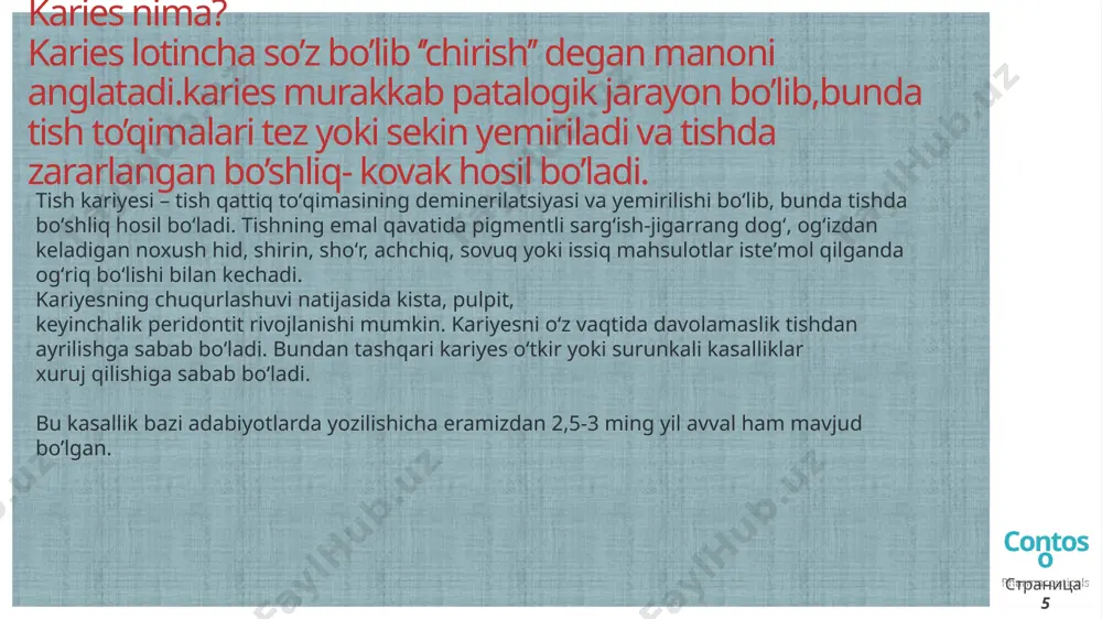 yaltiroqligini yo‘qolishi bilan boshlanadi. odatda bunday o‘zgarishlar tishning bo‘yin qismida joylashadi. zondlaganda ushbu yuza tekis, og‘riqsiz. vital bo‘yash sinamasida dog‘ ko‘k rangga bo‘yaladi. transillyuminatsiya dog‘ning hajmi va joylashishidan qat’iy nazar aniqlanadi. 2.yuza kariyes yuza kariyes hosil bo‘lgan dog‘ kariyes o‘rnida destruktiv o‘zgarishlar natijasida hosil bo‘ladi. bemor ximik ta’sirlar shirin, sho‘r, nordondan hosil bo‘ladigan qisqa muddatli og‘riqdan shikoyat qiladi. agar kariyes kovagi tishning bo‘yin qismida joylashgan bo‘lsa termik ta’sirdan ham og‘riq paydo bo‘lishi mumkin. ko‘rik o‘tkazilibzondlaganda kichik nuqson aniqlanadi. nuqson faqat emal qavatidajoylashadi. elektr sezuvchanlik 2–6 mka teng bo‘ladi. yuza kariyesnianiqlashda gipoplaziya, tish eroziyasi, ponasimon nuqson bilansolishtirma tashxis o‘tkaziladi 3.chuqur kariyes chuqur kariyes uchun hamma turdagi ta’sirlardan hosil bo‘ladigan qisqa muddatli og‘riq xosdir. og‘riq ta’sir etuvchi muolajani olgandan so‘ng to‘xtaydi. ko‘rik o‘tkazilib yumshagan dentin bo‘lgan chuqur kariyes kovagi borligi aniqlaniladi. zondlanganda kariyes kovagi tubi og‘riqli, elektr sezuvchanligi 2–6 mka ga teng,. chuqur kariyesni aniqlashda o‘rta kariyes, o‘tkir qisman pulpit va surunkali …