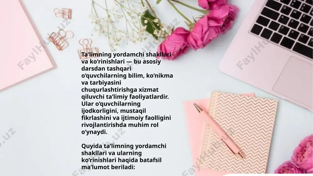 : ta’lim jarayonini yanada boyitadi. o‘quvchini faollikka undaydi. tarbiya bilan chambarchas bog‘langan bo‘lib, shaxsning har tomonlama rivojlanishiga xizmat qiladi. eʼtiboringiz uchun rahmat! image3.png image4.jpeg image1.png /docprops/thumbnail.jpeg