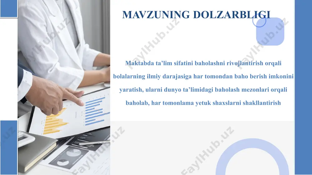 sad maktabda ta’lim sifatini baholashning o‘ziga hos usullaridan foydalanish orqali har tomonlama bilimli, rivojlangan davlatlar kadrlari bilan raqobatlasha oladigan yoshlarni tarbiyalash, ularning olayotgan ilmlaridagi bo‘shliqlarni aniqlab to‘g‘ri yo‘nalish berish, eng asosiysi, o‘quvchilar qiziqishini aniqlab to‘g‘ri kasb tanlashlariga ko‘mak berish vazifa 1 2 3 4 o‘quvchilarning bilim, ko‘nikma va malakalarini aniqlab borish o‘qitish jarayonining samaradorligini tahlil qilib borish o‘quvchilarning rivojlanish dinamikasini tahlil qilish va kuzatib borish tashqi va ichki baholash tizimini shakllantirib borish amerika qo‘shma shtatlari buyuk britaniya yaponiya muammo yuzasidan xorijiy tajribalarni o‘rganilganligi 1.standartlashtirilgan testlar – davlat miqyosida ta’lim sifatini baholash uchun keng qamrovli testlar o‘tkaziladi. 2. ochiq baholash usullari – portfoliyo, loyiha ishlari, esse va ijodiy topshiriqlar orqali o‘quvchilarning qobiliyatlari baholanadi. 3. stem ta’limida amaliy baholash – tajribaviy loyihalar, laboratoriya ishlari va muammolarni yechish orqali baholash amalga oshiriladi. 1.maktab ta’limining yakuniy bosqichida milliy baholash tizimi mavjud. 2. kichik sinflarda formativ baholash – o‘quvchilar dars jarayonida refleksiya (o‘z-o‘zini baholash) va …