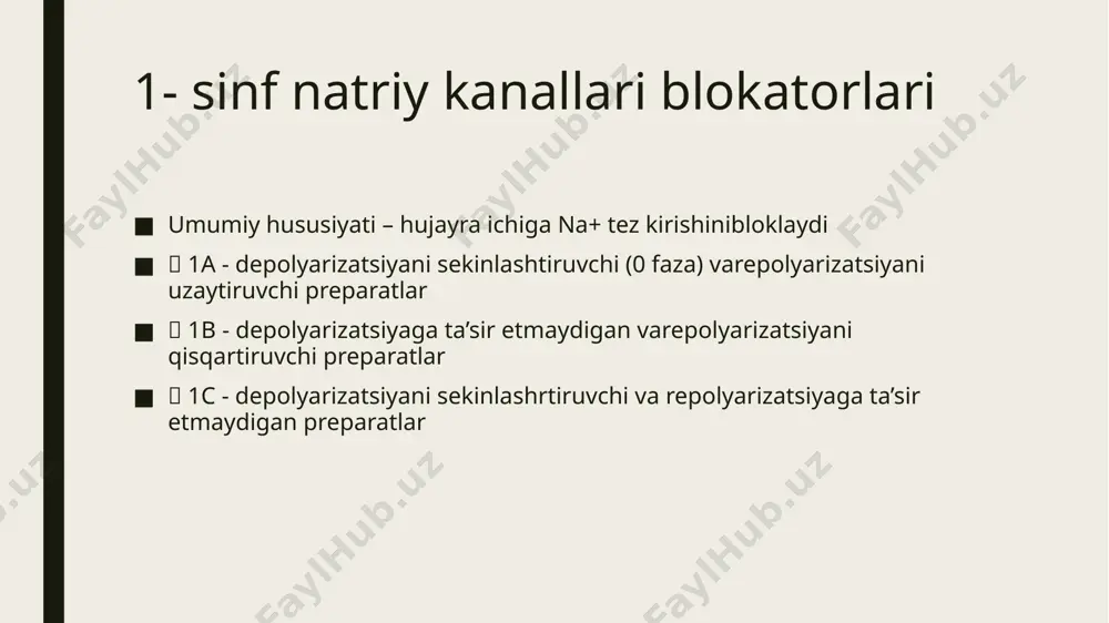 амаблокланади, натижада, «кайта кузгалувчанлик» типидаги инфарктдан кейинги аритмияларкамаяди ва йуколади юрак кон хайдаши, коронар кон айланиши, хамда юрак кискарувчанлигикамаяди. кизиги шундаки, юрак гликозидлари хам д. ни юрак кискарувчанлигига бу таъсиринийукота олмайди. аб, асосан систолик босим хисобига пасаяди. хинидиндан фаркли, д. даюракка антихолинергик таъсир камрок хосидир. ii – гурух апп ii – гурух аап ларига махаллий анестезия воситалари (лидокаин, тримекаин), унга якинбулган мекситил, дифенилгидонтоин ва узок ярим чикариш даврига ( уртача 27,9 соат) эгабулган янги хорижий препарат априндин киради. улар катор характеристикаларига кура i гурухпрепаратларидан (хинидин, прокаинамид) тубдан фарк килади: рефрактер давриниузайтирмайдилар, аксинча кискартирадилар; утказиш тезлигини баъзилари узгартирмайди(лидокаин), баъзилари оширади (дифентилгидонтоин), салбий инотроп таъсирот намоёнкилмайдилар ва бошкалар (2,3 – жадваллар). лидокаин лидокаин (л). патент номи: ксилокаин, лигнокаин, ксикаин. амп. 2 мл -2% (40 мг) томирга (венага) юбориш учун, 2мл-10% (200 мг) мушак орасига юбориш учун. таб.-250 мг. фармакодинамика. л. реполяризацияни тезлаштиради, тмп 2 фазасинидавомийлигини камайтиради. хп амплитудасига, максимал тинч потенциали курсатгичларигасезиларли …