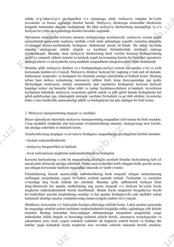 apital qiymati va korxonaning bozor qiymatining oʻzaro aloqadorligini rad etib, moliyalashtirish manbalari qiymatini pasaytirish hisobiga korxona bozor qiymatini oshirish mumkin emasligi haqidagi fikrni ilgari suradi. f.modilyani va m.miller yondashuviga koʻra korxona aksiyalari aylanmasi amaliyotlar hajmi, aksiyalar bozor bahosi ularning ichki qiymatiga qanchalik mosligiga bogʻliq boʻlgan qimmatli qogʻozlarning samarali bozorida amalga oshiriladi. bozor bahosi koʻplab omillarga, shu jumladan asosiy omil sifatida koʻrib chiqiluvchi axborotga bogʻliq. shu tariqa, bozorning samaradorlik darajasi axborotni baholarga ta’sir etish tezligiga bogʻliq xolda oʻzgaradi. bunda iqtisodiy samaradorlik emas, axborotning samarasi tushuniladi. bozordagi axborotni olishda uning barcha ishtirokchilari birdek imkoniyata ega emas. halqaro amaliyotda simmetrik va assimmetrik axborotlar mavjud. birinchi xolatda axborotdan barcha foydalanishi mumkin va bu hech qanday afzalliklarni bermaydi; ikkinchi holatda axborotdan faqatgina bozorning muayayn ishtirokchilari foydalanishi mumkin va bu ularga ma’lum afzalliklarni beradi. bozor samaradorligining uch darajasi mavjud: past, oʻrta va yuqori. samaradorlikning past darajasi aksiyalarning joriy bozor baholari oʻtgan davrlardagi baholar dinamikasini toʻliq aks …