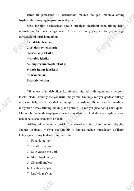 hi adabiy me’yorlarini kishi egallamagan bo`lsa yoki o`z shevasi bergan shaxsiy variantni afzal deb qarasa, uning puxta adabiy me’yordan cheklanishi mumkin. o`zbek tili xususiyat jihatidan uch lahzadan iborat. kelishik me’yorlari. adabiy tilimizda “kuchli” va “kuchsiz” me’yorlari bor. kuchli me’yorlar adabiy tilda so`zlovchi shaxslar tomonidan hamma vaqt amalgam oshiriladi. kuchsiz me’yorlar og`zaki nutqida ham e’tibor berilishi oqibatida yuzaga keladi. o`zbek tilining qorluq lahjasidagi maxsus shahar shevalarda qaratqich va tushum kelishiklari bir xil ko`rsatkichga ega, ya’ni 2 kelishik uchun ham –ni xizmat qiladi. qaratqich-qaralmish aloqasida xoslik ma’nosi ifodalanishida ba’zi bir o`zgacha sharoitlarda qaratqich ko`rsatkichi ishlatilmaydi. masalan: o`zbek tili, shahar kengashi, bahor fasli. turli sabablarga ko`ra kelishik joylarini almashtirib ishlatish, ya’ni hamma hollarda ham hozirgi zamon o`zbek tili normalarini buzish hisoblanadi. birlarni bee’tiqod. birlarni riyo ko`rdim. tushum kelishigi affiksini vazn talabi bilan tushirib qoldirsa, she’rda g`alizlikni hosil qiladi: quloq soling alvon-alvon so`zlarga, karvon yurar olsiz to`la tuzlarga, uyga keeling, ikki birday miyani urush …