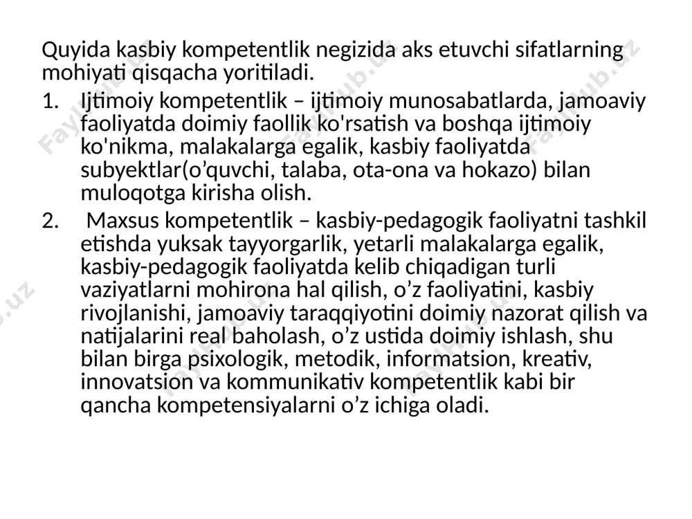 z xarakter tarkibiy qismlarga ajratish mumkin: tashxislash, loyihalashtirish va rejalashtirish, axborot berish, qadriy- emotsional yo„naltirish, muloqot qila olish, tashkilotchilik va refleksiv ko„nikmalar. bu pedagogik ko„nikmalarning har bir oqituvchi faoliyatida alohida orin tutadi va biri-ikkinchisini toldirib boradi. 1. tashhislash (diagnostik) ko‘nikmasi -o„qituvchining o„quvchilar bilim saviyasi, rivojlanganlik darajalarini aniqlashga qaratilgan hatti-harakatini harakterlaydi. 2.loyihalashtirish va rejalashtirish ko‘nikmasi- o„qituvchining tashxislash asosida dars loyihasini pedagogik texnologiyalar asosida tuzish, dars konpekti yozish bilan bog„liq. 3. axborot berish ko‘nikmasi - o„quv dasturi materiallarga puxta suyangan holda o„quvchilarga ravon tilda ma‟lumot berish, ular bilan teskari aloqa o„rnata olishga qaratiladi. 4. qadriy- emotsional yunaltirish ko‘nikmasi- o„quvchilarni umumbashariy 16 va miliy mafkuraviy, ilmiy, madaniy qadriyatlarga nisbatan qiziqish, ehtiyoji va ijobiy munosabatlarini shakllantirishga qaratilgan. 5. muloqot qila olish ko‘nikmasi- bu o„qituvchiga har bir o„quvchi, sinf jamoasi, ularning ota-onalari, pedagogik jamoa bilan to„g„ri munosabat o„rnata olishni talab etadi. 6. tashkilotchilik ko‘nikmasi- o„quvchilarning turli faoliyatlari (o„yini, o„quvbilish, mehnat, sport, badiiy) tashkil eta olishga …
