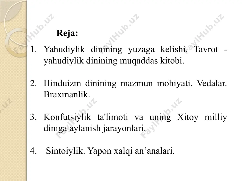 rga ham shu kuni dam olishni buyurdi. shu sabab yahudiylik dinida shanba kuni ulug‘ kun hisoblanib, hech bir ishga qo‘l urilmaydi. 2. yahudiylar yer yuzidagi xalqlarning «eng mumtozi» va u «dunyoda berilajak in’omlaming eng haqlisi» ekanligi. ular o‘zlarini xudo tomonidan saylangan, muqaddas xalq ekanini, yahudiyning ruhi xudoning bir qismi hisoblanishini da’vo qiladilar. 3. messiya - xaloskorning kelishi haqida. unga ko'ra, oxirzamonda yahve yahudiylar orasidan bir xaloskori chiqaradi va u quyidagi vazifalarni bajaradi: 1) dunyoni isloh qilgan holda qaytadan quradi; 2) butun yahudiylami sinion atpofida to’playdi; 3) ularning barcha dushmanlarini jazolaydi. 4. oxirat kuniga ishonish. yahudiylikda oxirat haqidagi tasavvurlar, asosan talmudda bayon etilgan. unga ko‘ra, yahvega chin e’tiqod qilganlar oxiratda mukofotlanadilar. aksincha, uning qonunlarini buzganlar shafqatsiz jazo oladilar. www.arxiv.uz yahudiylik manbalari. tavrot (tora) yahudiy dinining muqaddas manbalaridan sanaladi. u muso payg‘ambarga tur tog‘ida berilgan. yahudiy dinining ikkinchi manbasi talmuddir. ushbu manbalar injilning tarkibiy qismlarini tashkil etadi. tavrot besh kitobni o‘z ichiga …