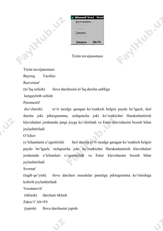 tida joylashgan bo’lib, piktogrammalardan iborat klavishalardan tashkil topgan. har bir piktogramma bilan biror bir buyruq birlashtirilgan bo’lib, uning ramziy tasviri shu klavishada ifodalangan. ko’pchilik klavishalar tavsijanomadagi tez-tez ishlatilib turadigan buyruqlarni takrorlaydi. piktogramma jordamida buyruqni chaqirish tavsijanoma orqali chaqirishdan ko’ra tezroq amalga oshiriladi. piktogrammalardan iborat bosh tavsijanoma formatlash paneli. formatlash paneli, matnni formatlashga hizmat qiladi. bu tavsijanomada piktogramma klavishalaridan tashqari ro’yhatlar maydoni ham bor. formatlash piktogrammalar tavsijanomasi ro’yhatlar maydoni. ro’yhatlar maydonining pastga qaragan ko’rsatkichli klavishasi bo’lib, u orqali ro’yhat ochiladi va kerakli ehlement tanlanadi. abzac chegaralarini belgilash buning uchun sichqonchadan ham klaviaturadan ham foydalanish mumkin. abzac chegaralarini bildiruvchi markerlar gorizontal chizgichda uchburchak shaklida joylashgan bo’ladi. chizgichning chap tarafidagi juqorida joylashgan marker abzacning birinchi satri qaerdan boshlanishi kerakligini bildiradi. chizgichning past tarafiga joylashtirilgan o’ng va chap markerlar ehsa mos ravishda matnni qogozdagi chegaralarini belgilaydi. ularning holatlarini sichqoncha jordamida ushlab olib surish bilan o’zgartirish mumkin. gorizontal koordinatalar chizgichining funkcija va piktogrammalari varaqning jozuv …