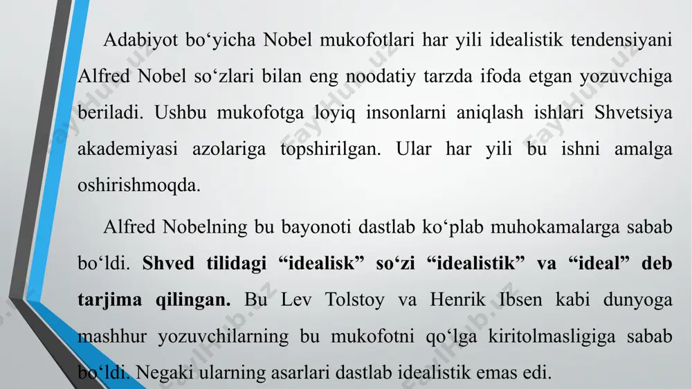 ga bag‘ishlangan. «vabo va muhabbat» (1985) romanida folklor va mifologiyadan foydalanib, o‘ziga xos milliy ongni tiklashga harakat qilgan. gabriel markesning «yuz yil tanholikda» (1986) romani o‘zbek tiliga tarjima qilingan. nobel mukofoti laureati (1982). orxan pamuk 1952 yil 7 iyunda istanbul shahrining nishontoshi tumanida o‘ziga to‘q oilaning kenja farzandi sifatida dunyoga keldi. bobosi va amakisi ham, otasi gunduz pamuq ham oliy ma'lumotli va yuksak malakali muhandis edi. ota avlodi oppoq lo‘ppi yuzli bo‘lganlari uchun odamlar ularga "pamuklar" deb laqab qo‘yishgan ("pamuk"- "paxta" degani), keyin ular bu laqabni o‘zlariga familiya qilib olishgandi. o‘rxon pamuq istanbulda ulg‘aydi. rassom bo‘lish orzusida robert kollejida o‘qidi. keyin istanbul texnika universitetining me'morlik kulliyotida ham uch yil tahsil oldi. ammo rassom ham, me'mor ham bo‘lolmasligiga ishonch hosil qilgach, o‘qishni tashlab ketdi. vaqti ko‘pligidan yozuvchilikda o‘z kuchini sinab ko‘rmoqchi bo‘ldi va malakasini mustahkamlashga ehtiyoj sezib, istanbul universitetining jurnalistika institutiga kirdi va shu yerda o‘qishning oxirgi yili diplom olish uchun …