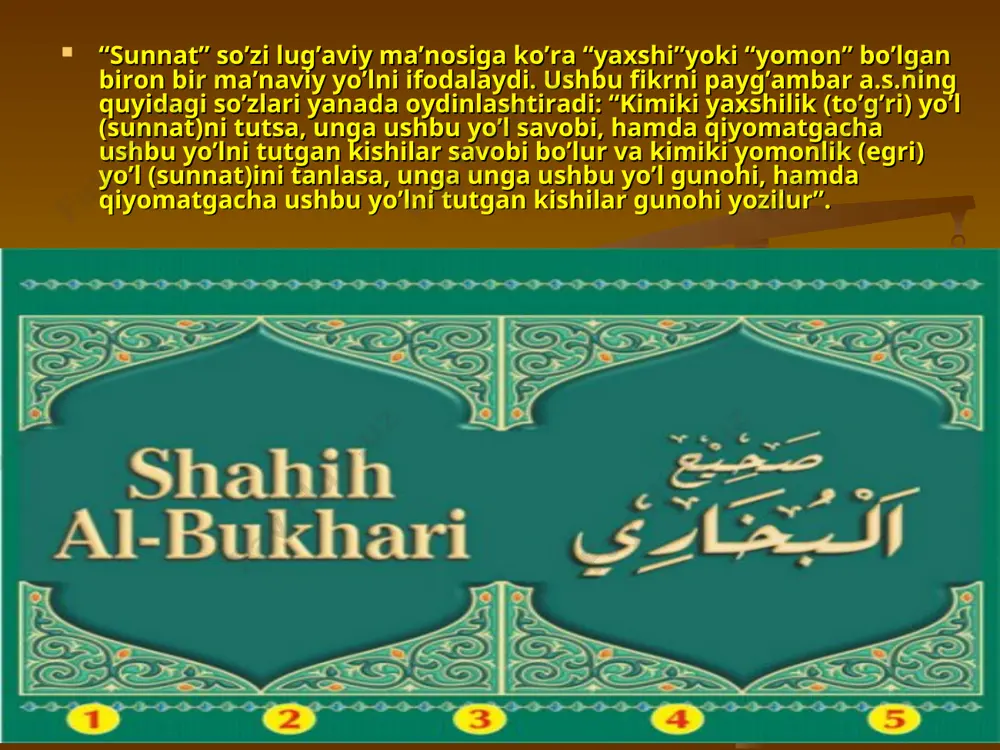 izlar uchun qur’on-i karim bilan o’zimning sunnatim — yo’l-yo’riqlarimni qoldirdim. sizlar shu ikkalasini qattiq tutib, (ularga) amal qilsalaringiz, to’g`ri yo’ldan aslo adashmaysizlar”, deyiladi. 4. naqshbandiya bahovuddin muhammad burhoniddin muhammad al- buxoriy naqshband (1318-1389)- xiv asr marzaziy osiyo tasavvufining eng yirik vakili edi. naqshbandiya tariqatining ma’naviy asoschisi xoja yusuf al-hamadoniy (vafoti 1140) hisoblanadi.naqshband buxoro yaqinida tug’ildi.u vafotidan keyin muqaddas shaxs hisoblanib,xudo oldida vositachi,karomat ko’rsatuvchi va buxoroning homiysi sifatlariga ega bo’ldi.qabri ustiga o’rnatilgan maqbara ziyorat qilinadigan joyga aylandi. naqshband o’z ta’limotida tasavvufning ikki maktabi-ahmad yassaviy va abdulholiq al-g’ijduvoniy (vafoti 1180) qoidalarini bir-birlariga qo’shdi.naqshband ta’limoti markaziy osiyoning turkiy qabilalari orasida islomning sunniy oqimini yoydi va mustahkamladi. naqshband haqiqiy solikni chalg’ituvchi zohiriy taqvodorlik va marosimchilikni rad qildi: 40 kunlik ro’za tutish,daydilik,gadoylik, ko’pchilik oldida musiqa, ashula va raqs ijro etishni, baland ovoz bilan zikr aytishni ma’qullamadi. naqshbandiydan keyin , alouddin attor (vafoti 1400) va xoji muhammad porso (1345-1420) naqshbandiyaning tashkiliy tuzilishini mustahkamladilar va uning ta’sirini …