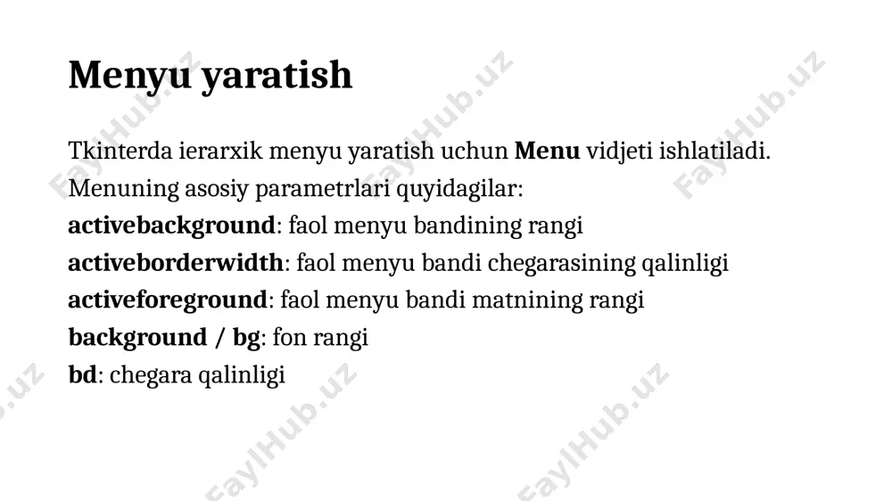 ‘shish uchun add_cascade() metodi ishlatiladi. bu metodga menyu bandi parametrlari uzatiladi, bu holda ular label parametri orqali beriladigan matnli yorliq bilan ifodalanadi. biroq faqatgina menyu yaratishning o‘zi yetarli emas. uni joriy oyna uchun config() metodining menu parametri yordamida o‘rnatish lozim. natijada grafik oynada quyidagi menyu hosil bo‘ladi: from tkinter import * root = tk() root.title("metanit.com") root.geometry("250x150") main_menu = menu() file_menu = menu() file_menu.add_command(label="new") file_menu.add_command(label="save") file_menu.add_command(label="open") file_menu.add_separator() file_menu.add_command(label="exit") main_menu.add_cascade(label="file", menu=file_menu) main_menu.add_cascade(label="edit") main_menu.add_cascade(label="view") root.config(menu=main_menu) root.mainloop() bu yerda file_menu nomli pastki menyu aniqlanadi, u asosiy menyuning birinchi bandiga menu=file_menu parametrini o‘rnatish orqali qo‘shiladi: lekin pastki menyudagi uzuq-yuluq chiziqqa e’tibor bering, u mutlaqo keraksiz va qayerdan paydo bo‘lgani noma’lum. bu chiziqdan qutulish uchun menyuning kerakli bandiga tearoff=0 parametrini o‘rnatish lozim: ammo menyu bandlari ko‘p bo‘lishi mumkinligi sababli, har bir band uchun ushbu parametrni alohida yozib chiqmaslik uchun, quyidagi kod satri yordamida bularning barchasini global miqyosda o‘chirib qo‘yish osonroq. file_menu = menu(tearoff=0) root.option_add("*tearoff", false) shu …