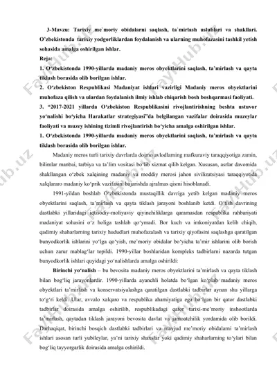 tarixiy me`moriy obidalarni saqlash, ta`mirlash uslublari va shakllari — DOC