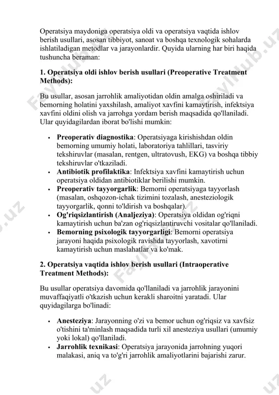 o‘xtatish. mexanik usullar: jarohatni yuvish, yiringni chiqarish, o‘lik to‘qimalarni olib tashlash. mexanik antiseptika: 1. jaroxatni kesib kengaytirish va chekkalarini kesib olish. 2. yot jismlarni olib tashlash. 3. yiringli yaralarni yuvib tozalash. 6. antiseptika tushunchasi. fizik antiseptika tushunchasi, usullari. antiseptiklar - yaradagi, uning atrofidagi, patologik shikastlanishlar yoki butun organizmdagi mikroblarni yo'q qilishga, ularning tarqalishini va virulentligini kamaytirishga qaratilgan chora-tadbirlar majmui. fizik antiseptika: 1. bo‘shliqlarni drenajlash. 2. doka tamponlardan foydalanish. 3. har xil nurlardan foydalanish. 7. antiseptika tushunchasi. kimyoviy antiseptika tushunchasi, usullari. antiseptik eritmalarni maxalliy ishlatish: 1. teri va jaroxatga ishlov berish. 2. tanani antiseptik eritmalari bilan vanna qilish. 3. antiseptiklarni drenaj orqali bo’shliqlar yoki jaroxatga yuborish. 4. jaroxat atrofi to’qimalarini antiseptiklar bilan to’yintirish (infiltrasiya). bu usulda bakteritsid va bakteriostatik xususiyati bo'lgan turli kimyoviy antiseptik moddalarni ishlatish ko'zda tutiladi. antiseptiklar bilan mikroblarni yo'qotish yoki uning jarohatda rivojlanishini to'xtatish maqsadi qo'yilgan. bu usul bilan davolashda antiseptik xususiyati bo'lgan surtmalar (vishnevskiy moyi, iruksol, naftalin …