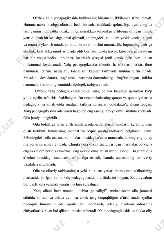 da ko‘rgan. o‘zbekistonda zamonaviy bosqichda ijtimoiy pedagogika rivojlanishining ijtimoiy-siyosiy va huquqiy asoslari. ijtimoiy pedagogikani va ijtimoiy-pedagogik faoliyat rivojining metodologik asoslari quyidagilar hisoblanadi: 1. bozor munosabatlarini shakllantirish va jamiyatni demokratiyalashtirish sharoitida davlatning kuchli ijtimoiy siyosati. bu siyosatning asosiy yo‘nalishlari sh.m.mirziyoyev asarlarida va davlat dasturiy hujjatlarida ko‘rsatilgan. 2. aholining eng kam ta’minlangan qatlamlarini ijtimoiy himoya qilish choralari to‘g’risidagi hukumat farmoyishlari, qonun, farmonlarni hayotga tatbiq etish. 3. o‘zbekiston respublikasining ijtimoiy pedagogik konsepsiyasi. ijtimoiy muammolarga nihoyatda katta e’tibor qaratilishining sababi milliy davlatchilikni shakllantirish jarayonidir. bu davrda ayniqsa ijtimoiy muammolar nihoyatda keskinlashadi, ijtimoiy qarama-qarshiliklarning yuzaga kelishi milliy havfsizlikka tahdid omili bo‘lib xizmat qilishi mumkin. shuning uchun vaqtida choralar qabul qilish nihoyatda muhimdir.iqtisodning liberallashuvi turli ijtimoiy qiyinchiliklarni –ilmsizlar sonini ortishi, turli tengsizliklar paydo bo‘lishi, hayot tarzining buzilishini keltirib chiqardi. shuning uchun o‘zbekiston taraqqiyotining o‘z yo‘li, asoslanadigan yetakchi tamoyillaridan biri kuchli ijtimoiy siyosat olib borish hisoblanadi. bu siyosatning maqsadi quyidagilardir: 1. bozor islohotlarining hamma bosqichlarida aholining ijtimoiy …