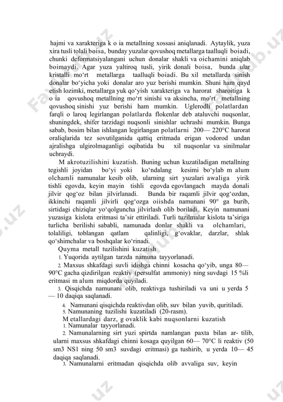 reaktivga tushiriladi va uni u yerda 5— 10 daqiqa saqlanadi. 4. namunani qisqichda reaktivdan olib, suv bilan yuvib, quritiladi. 5. namunaning tuzilishi kuzatiladi (20-rasm). m etallardagi darz, g ovaklik kabi nuqsonlarni kuzatish 1. namunalar tayyorlanadi. 2. namunalarning sirt yuzi spirtda namlangan paxta bilan ar- tilib, ularni maxsus shkafdagi chinni kosaga quyilgan 60— 70°c li reaktiv (50 sm3 ns1 ning 50 sm3 suvdagi eritmasi) ga tushirib, u yerda 10— 45 daqiqa saqlanadi. 3. namunalarni eritmadan qisqichda olib avvaliga suv, keyin nitrat kislotasining suvdagi 10— 15 %li eritmasi bilan yuvib, quritamiz. 4. namunalar sirtini ko‘z bilan, zarur bo‘lsa lupa bilan kuzatib, sirt yuzada ko‘ringan g‘ovaklar va darzlar kabi nuqsonlarni kuzatamiz. m etallarni sifatiga putur yetkazuvchi oltingugurt, fosfor va uglerod elementlari birikm alarining taqsimlanishini bauman usulida kuzatish oltingugurtning taqsimlanishini aniqlash oltingugurt po‘latda fes va mns birikmalar tarzida bo‘ladi. masalan, mns ning suyuqlanish harorati 1193°c boiganligi uchun u metall ning kristallanish jarayonida donlar aro …