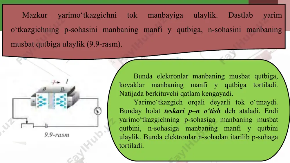 ish ta’sirida kovaklar bazaga kirib keladi. bazaning qalinligi juda kichik bo‘lganligi hamda unda elektronlar konsentratsiyasi kam bo‘lganligidan kovaklarning juda kam qismi elektronlarga birikadi. ko‘pchilik kovaklar esa kollektor sohasiga o‘tib qoladi. kollektorga b2 ning manfi y qutbi ulanganligidan kovaklar unga tortilib, kollektor tokini tashkil etadi. emitter – baza zanjiridagi tok kuchi, emitter – kollektor yo‘nalishidagi tok kuchidan ancha kichik bo‘ladi. emitter – baza yo‘nalishidagi tok kuchi o‘zgarsa, emitter – kollektor yo‘nalishida o‘tayotgan tok kuchi ham o‘zgaradi. shunga ko‘ra tranzistordan o‘zgaruvchan tok signallarini kuchaytirishda foydalaniladi. tranzistorni tayyorlashda baza sifatida p-turdagi yarimo‘tkazgich olinishi ham mumkin. bu holda emitter va kollektor sohasi n-turdagi yarimo‘tkazgichdan tayyorlanadi. bunday tranzistorni n–p–n strukturali tranzistor deyiladi. bunday turdagi tranzistorlarning ishlash prinsipi p–n–p turdagi tranzistordan farq qilmaydi. bu tranzistorda faqat tok yo‘nalishi kollektordan emitterga tomon bo‘ladi. integral mikrosxemalar* o‘tgan asrning 70-yillarida o‘n so‘mlik tangadek keladigan yarimo‘tkazgich material bo‘lagida minglab mikroskopik tranzistorlar joylashtirilgan mikrosxemalar kashf qilindi. ularda tranzistorlar bilan birgalikda diodlar, …