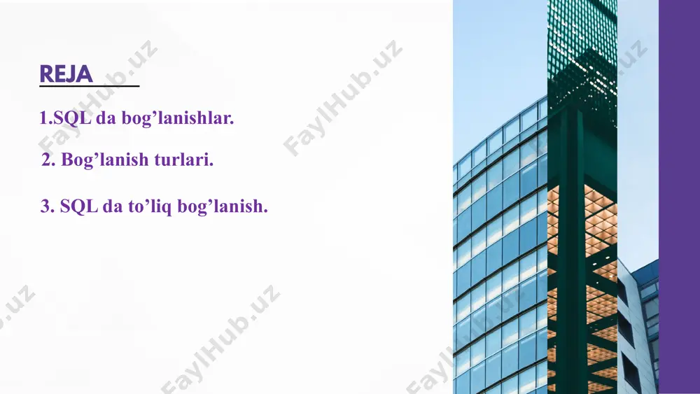 'zi yordamida amalga oshiriladi. sintaksisi quyidagicha: bu yerda j1 va j2 jadval1 ning ushbu so'rovdagi vaqtinchalik 2 xil ﻿nusxasi. union operatori union operatori ikki yoki undan ortiq ﻿select ifodalarni natijalarni jamlab chiqarish uchun ishlatiladi. bunda bir nechta shartlar mavjud: union operatoridagi har bir select ifodalarda ustunlar soni bir xil bo'lishi kerak. ustunlarning ma'lumot turlari bir xil bo'lishi kerak. ustunlar tartibi bir xil bo'lishi kerak. thank you lorem ipsum dolor sit amet, consectetur adipiscing elit, sed do eiusmod tempor incididunt ut labore et dolore www.reallygreatsite.com image1.jpeg image2.png image3.svg image3.jpeg image4.jpeg image5.jpeg image6.jpeg image7.png image8.png image9.png image10.png image11.png image12.png image13.png image14.png image15.png image16.png image17.png image18.png image19.png image20.png image21.png image22.png image23.png image24.jpeg image25.png image44.svg /docprops/thumbnail.jpeg