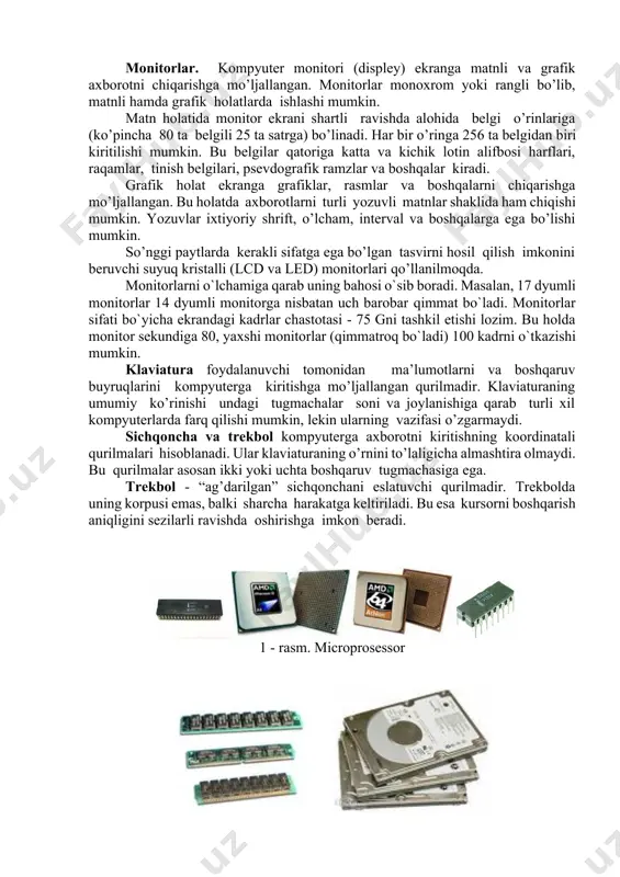 bilan ishlaganda foydalanadigan axborotni doimiy saqlash uchun disklardagi jamlagichlar ishlatiladi. ular ikki turda bo’lib, egiluvchan diskla (disketalar) va qattiq disklardagi jamlagichlar (hdd, vincesterlar) deb ataladi. egiluvchan disklar (disketalar)ga ma’lumotlarni yozish va ulardan ma’lumotlarni o’qish uchun disk yurituvchi (diskovod) qurilmasi ishlatiladi. bunday disketalar qattiq plastmassa g’ilofga o’ralgan bo’lib, bu ularning ishonchliligini va ishlash muddatini oshiradi. ushbu disketalarda yozishni ta’qiqlovchi yoki imkon beruvchi maxsus o’tkazgichi mavjud. agar teshikcha bekilgan bo’lsa ma’lumotlar yozish mumkin, aks holda esa, mumkin emas. disketadan birinchi bor foydalanganda uni albatta maxsus ravishda formatlash, initsializatsiya qilish kerak. qattiq disklardagi jamlagichlar (hdd, vinchesterlar, ssd) kompyuter bilan ishlaganda axborotni doimiy saqlashga mo’ljallangan. qattiq diskdagi jamlagichlar bir-biridan, ya’ni diskka qancha axborot sig’ishi bilan farq qiladi. diskning ish tezligi ikki ko’rsatkich bilan aniqlanadi: 1. diskning sekundiga aylanishlar soni. 2. diskdagi ma’lumotlarni o’qish va unga ma’lumotlarni yozish tezligi. kontrollerlar (maxsus electron sxemalar) kompyuter tarkibiga kiruvchi turli qurilmalar (monitor, klaviatura va boshqalar) ishini boshqaradi. kiritish-chiqarish …