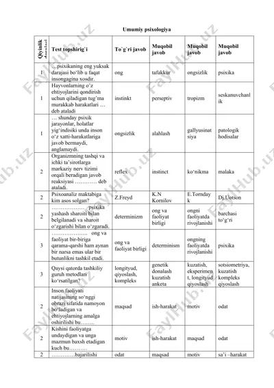 umumiy psixologiya test topshirig`lari — DOC