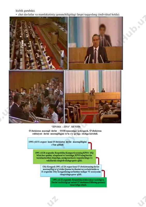 konstitutsiyalaridan farq qiladimi? keysni bajarish bosqchilari va topshiriqlar: • keysdagi muammoni hal qilish yo‘llarini aniqlang (individual va kichik guruhda). • chet davlatlar va mamlakatimiz qonunchiligidagi farqni taqqoslang (individual holda). test savollari: 1. o‘zbekistonning davlat mustaqilligini birinchi bo‘lib tan olgan xorijiy davlat nomi? a) fransiya; b) angliya; c)hindiston; d) turkiya. 2. mustaqil davlatlar hamdo‘stligi (mdh) qachon tashkil topdi? a) 1991 yil dekabrda; b) 1991 yil noyabrda; c) 1993 yil mayda; d) 1993 yil oktabrda. 3. o‘zbekiston respublikasining davlat bayrog‘i to‘g‘risidagi qonun respublika oliy kengashi tomonidan qachon qubul qilindi? a) 1991 yil 29 dekabrda; b) 1991 yil 18 noyabrda; c) 1991 yil 20 iyunda; d) 1992 yil 2 martda; 4. mamlakatimiz rahbari ........ yilni «obod mahalla yili deb» elon qildi. a) 2001 b)2002 c)2003 d)2004 5. "o‘zbekiston hududida joylashgan harbiy qismlar va qo‘shinlarni o‘z tasarrufiga olish to‘g‘risida"gi o‘zbekiston respublikasi oliy kengashining qarori qachon qabul qilingan? a) 1991-yil 26-avgust b) 1991-yil 22-iyul c) …