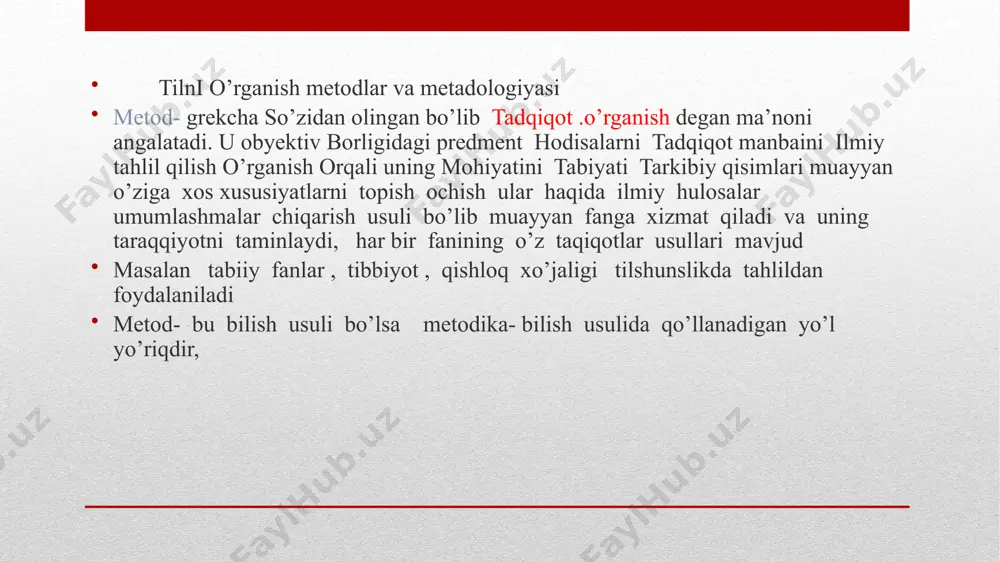 zirgi kunda butun jahon tilshunosligida ham keng qo'llanib kelayotgan metodlar hisoblanadi . bevosita ishtirokchilar metodi ushbu metodda nutq birliklari ( so'z birikmasi va gaplar ) tuzilishi , qanday qismlardan tashkil topishi , ular orasidagi munosabat , aloqalarni o'rganadi . bevosita ishtirokchilar - bi metodiga muvofiq avval gapdagi tayanch nuqta - konstruksiya , soʻngra mazkur konstruksiya tarkibidan ishtirokchilar va bevosita ishtirokchilar ajratiladi . konstruksiya bu ma'noli qismlarning ketma - ket munosabatidan tashkil topgan butunlik boʻlib , kattaroq konstuksiya tarkibiga kirgan barcha so'z va morremalar ishtirokchilat , kirgan barcha soʻz va morfemalar ishtirokchilar , mazkur konstuksiyaning bevosita shakllanishida ishtirok etgan bir yoki bir nechta ishtirokchilar esa bevosita ishtirokchilar deyiladi . masalan , shabboda qurg'ur ilk sahar olib ketdi gulning totini misrasida olib ketdi gulning totini bi ( bevosita ishtirokchilar ) , qolgan soʻzlar esa ishtirokchilar sanaladi . bu gapda bir nechta konstruksiya mavjud boʻlib , har bir konstruksiya qismlarga boʻlinadi va bu …