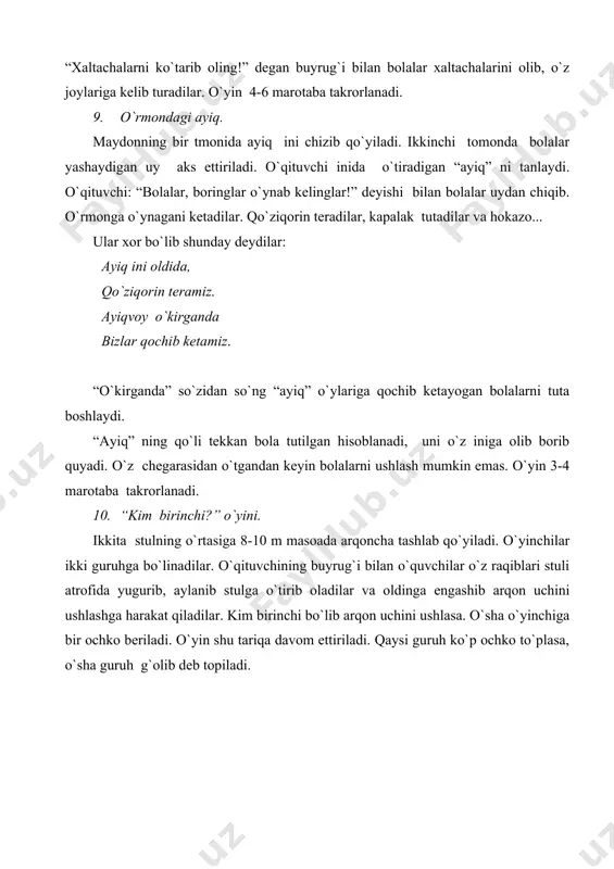 eng foydalanishgan. navro`z, hosil bayramlari, ramazon hayit. qurbon hayit va boshqa bayramlarda uzoqqa chopish, kurash, ko`pkari kabi xilma-xil o`yinlar, ko`ngilochar tomoshalar o`tkazilgan. milliy jismoniy mashqlar, sport va harakatli o`yinlarning xilma-xilligi ularni o`quv-tarbiya jarayonining juda ko`p sohalarida qo`llash imkonini beradi. kuni uzaytirilgan juda ko`p guruhlarda har xil harakatli o`yinlar o`tkazish, boshlang`ich sinf o`quvchilari bilan har xil harakatli o`yinlar uyushtirish, maxsus guruhlarda qiziqarli va bajarilishi oson bulgan mashqlar tashkil etish o`quvchilar harakat faoliyatlarini to`g`ri shakllantirishga katta yordam beradi. quyida, maktablarda o`quv-tarbiya jsarayonida qo`llash mumkin bo`lgan milliy sport, harakatli va kungilochar o`yinlardan bir nechtasini e`tilringizga havola etamiz. o`yinda 2 tadan ortiq ishtirokchi qatnashishi mumkin. 15-20 metrlik masofaga 70-80 sm uzunlikdagi tayoq tik o`rnatiladi. har bir o`yinchi xuddi shunday tayoqni tik tayoqqa qarab uloqtiradi. tayoqni ko`p marta yiqitgan o`quvchi g`olib hisoblanadi. “kes-kes” ishtirokchilar ikki guruhga bo`linadilar. birinchisi oldinda, ikkinchisi orqada turadi. o`qituvchining to`orasi bilan birinchi guruh qochadi, ikkinchisi quvlaydi. quvlovchi o`yinchilar yetib olsa, o`zlari …