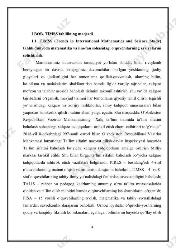 ga oshirish milliy markazi tashkil etildi. shu bilan birga, taʼlim sifatini baholash boʼyicha xalqaro tadqiqotlarda ishtirok etish vazifalari belgilandi: pirls – boshlangʼich 4-sinf oʼquvchilarining matnni oʼqish va tushunish darajasini baholash; timss – 4- va 8-sinf o‘quvchilarining tabiiy-ilmiy yo‘nalishdagi fanlardan savodxonligini baholash; talis – rahbar va pedagog kadrlarning umumiy oʼrta taʼlim muassasalarida oʼqitish va taʼlim olish muhitini hamda oʼqituvchilarning ish sharoitlarini oʼrganish; pisa – 15 yoshli oʼquvchilarning oʼqish, matematika va tabiiy yoʼnalishdagi fanlardan savodxonlik darajasini baholash. ushbu loyihalar oʼquvchi-yoshlarning ijodiy va tanqidiy fikrlash koʼnikmalari, egallagan bilimlarini hayotda qoʼllay olish layoqatiga turli xil topshiriqlar orqali baho berish va keyinchalik bu koʼnikmalar rivojlanishiga turtki berishga xizmat qiladi. ma‟lumotlar to‘plashning uchinchi o‘n yilligi va yettinchi davriylikni boshlagan timss (trends in international mathematics and science study) - bu to‘rtinchi va sakkizinchi sinflarda matematika va tabiiy fanlar bo‘yicha keng joriy qilingan xalqaro baholash dasturi. timss tadqiqoti doirasida birinchi baholash 1995- yilda o‘tkazilgan va har to‘rt yilda …