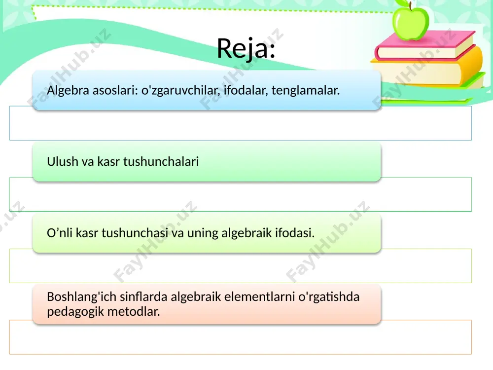(3) butunning uchta qismidan foydalanilganini, pastdagi son (4) esa butun qismni to‘rt qismga bo‘lishni bildiradi. aralash kasr: 1 1/2 — bu aralash kasrda bir butun va bir yarimni ifodalash uchun birlashgan kasr ishlatiladi. misollar: agar 6 ta olma bo‘lsa va siz ulardan 2/3 qismini yeyish kerak bo‘lsa, 6 × 2/3 = 4 ta olma yeyiladi. agar siz 5 ta doira bo‘lsangiz, har birining 1/5 qismi ranglanadi, bu 1/5 kasrini ifodalaydi. o’nli kasr tushunchasi va uning algebraik ifodasi "o'nlik uy" jadvali: butunlar, o'ndan birlar, yuzdan birlar va hokazo xonalarini ko'rsatuvchi jadval o'nli kasrlarning tuzilishini tushunishga yordam beradi. boshlang'ich sinflarda algebraik elementlarni o'rgatishda pedagogik metodlar. o'yinli ta'lim metodlari: matematik o'yinlar: turli xildagi matematik o'yinlar (masalan, kartochkalar bilan o'yinlar, doskada o'yinlar) orqali algebraik tushunchalarni mustahkamlash. topishmoqlar va boshqotirmalar: noma'lum sonlarni topishga oid topishmoqlar va boshqotirmalar bolalarning mantiqiy fikrlashini rivojlantiradi. guruhli o'yinlar: jamoaviy o'yinlar orqali bolalarning hamkorlik qilish, fikr almashish va muammolarni birgalikda yechish …