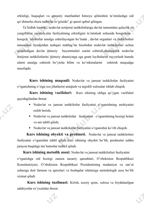 ining qayta tashkil etilishi va tugatilishining xususiyatlari maxsus qonunlar bilan tartibga solinadi. mustaqillik yillarida o’zbekistonda nodavlat notijorat tashkilotlarning konstitutsiyaviy huquqiy asoslari yaratildi. shu bilan birga fuqarolarning jamoa birlashmalariga erkin birlashishi, davlat va jamoat ishlarini boshqarishda ishtirok etishi kabi konstitutsiyaviy huquqlarini ro’yobga chiqarish uchun qulay sharoitlar yaratildi. jumladan, “o’zbekiston respublikasida jamoa birlashmalari to’g’risida” (1991), “nodavlat notijorat tashkilotlari tog’risida” (1999), “jamoat fondlari to’g’risida” (2003), “nodavlat notijorat tashkilotlari faoliyatining kafolatlari to’g’risida” (2007), “ekologik nazorat to’g’risida” (2013) kabi qator huquqiy – meyoriy hujjatlar qabul qilingan. nodavlat notijorat tashkilotining huquqiy maqomi, huquq va majburiyatlariga to’xtalsak; nodavlat notijorat tashkilotlari, agar ularning ta’sis hujjatlarida boshqacha qoidalar belgilangan bo’lmasa, faoliyat muddati cheklanmagan holda tashkil etiladi. yurtboshimizning qarorlari va yurtimizda amalga oshirilayotgan islohotlar natijasida, so’nggi to’rt yil natijasida fuqarolik jamiyatining eng asosiy instituti hisoblangan nodavlat notijorat tashkilotlari 20.7 foizga oshib, 187 ta yirik respublika nodavlat notijorat tashkilotlari o’z faoliyatini boshladi. bugungi kunda yurtimizda to’qqiz mingdan ortiq nodavlat notijorat tashkilotlari …
