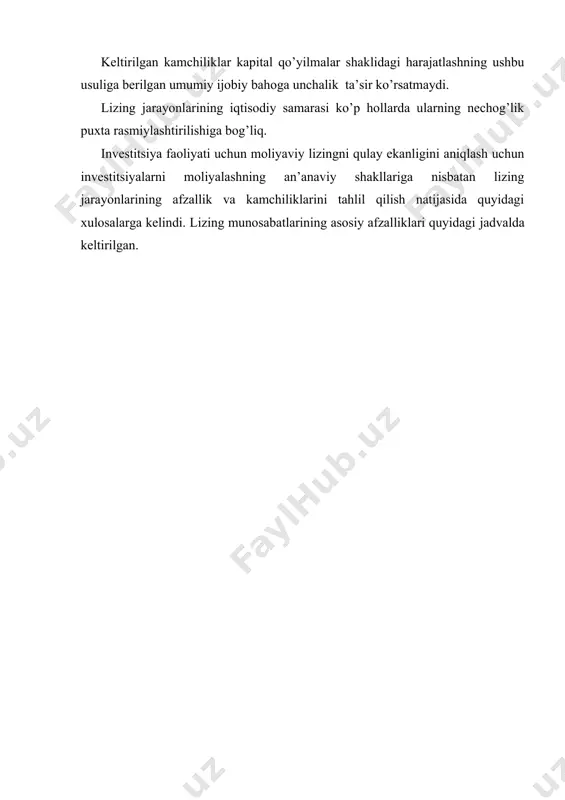 atmalari miqdor o’lchovi, so’mda; tkomis - lizing shartnomasi asosida lizing beruvchining komission mukofot puli, so’mda; qqs - lizing beruvchi xizmatlari bo’yicha lizing oluvchi tomonidan to’lanadigan qo’shilgan qiymat solig’i, so’mda; bb - bojxona boji, so’mda; kt - kredit resurslaridan foydalanganlik uchun to’lov, so’mda; qt - qo’shimcha xizmatlari uchun to’lov, so’mda. o’z navbatida, amortizatsiya ajratmalari quyidagi formula bilan hisoblaniladi: bu erda, a- amortizatsiya ajratmasi summasi; s- mol – mulkning balans qiymati; na- amortizatsiya ajratmasi me’yori. kredit resurslaridan foydalanganlik uchun to’lov quyidagi formula orqali aniqlanadi: bu erda, k- kredit resurslar summasi; sk – kredit resurslaridan foydalanganligi uchun stavkasi. lizing shartnomasi asosida lizing beruvchining komission mukofat puli quyidagicha aniqlanadi: bu yerda, skomis – komission mukofat puli stavkasi. qo’shimcha xizmatlar to’lov miqdori asosan quyidagi aniqlanadi: qt = xsaf + xrek + xboshqa bu yerda, xsaf – bank xodimlarining safar xarajatlari; xrek – reklamalar xarajatlar summasi; xboshqa - boshqa xarajatlar summasi. o’zbekiston respublikasi prezidentining 28 avgust …