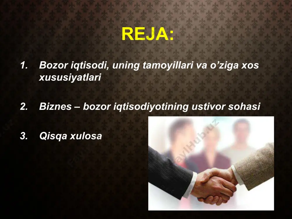 odiyoti qadimgi davrlarda vujudga kela boshlagan bo’lsada, uch yuz yildan beri amal qilib kelmoqda. tovarlarni ayirboshlash zaruratidan kelib chiqqan bozor asta-sekinlik bilan jamiyatdagi iqtisodiy aloqalarning asosiy shakliga aylanib bordi. bozor munosabatlarining rivojlanishi bilan odamlar tovarlarni ayirboshlash qandaydir sirli aloqalarga egaligini tushuna boshlagan bo’lib, ularni adam smit o’z vaqtida «ko’rinmas qo’l» deb atagan. hozirgi kunda bozor adam smit davridagi yoki k.marksning «kapital» asarida tasvirlangan bozorga unchalik o’xshamaydi, albatta. biroqning bozorning asosi sezilarli o’zgarmagan. narx, qiymat, raqobat, talab va taklif – bularning barchasi bozor toifalaridir. bozor mexanizmini to’g’ri tushunish uchun narx va qiymat o’rtasidagi farqni tasavvur qila olish, iste’mol va ayirboshlash qiymati nima ekanligini, raqobatning asosiy belgilarini bilish zarur. bu erda yana bir narsaning ahamiyati bundan kam emas: tovar ayirboshlash sohasi sifatida bozor dinamikasi yuqori bo’lib, barqarorlik darajasi past hamda o’z agentlariga talablari yuqoriligi bilan ajralib turadi. bunday sharoitlarda korxonaning muaffaqiyatga erishuvi yuqorida aytib o’tilgan toifalardan tashqari bozor ehtiyojlari hamda tadbirkorlik tashabbusining …