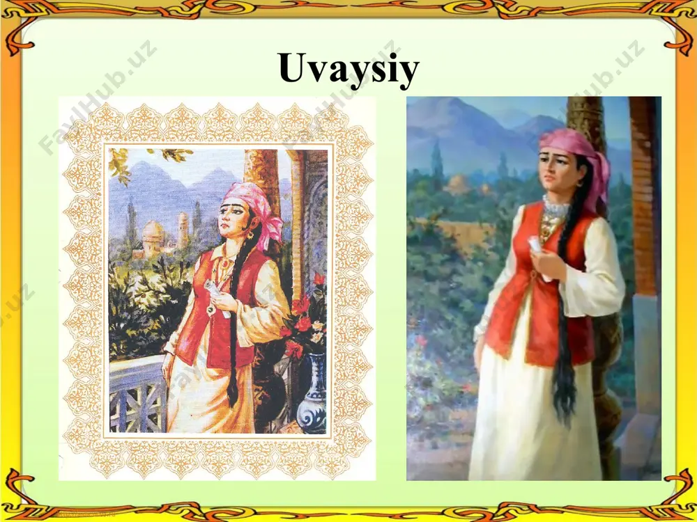kabi she’riy musobaqalarga ham katta e’tibor berganki, bunda ham shogirdlarning zehni, nafis ta’bi, shakllangan san’atkor sifatida tarkib topishiga yordam bergan. uvaysiyning avlodlari shoiradan 4 ta devon qolganini aytadilar. uvaysiyning o’z qo’li bilan ko’chirgan dvvonlaridan ikkitasi yoshlik chog’ida yo’qolgan. qolgan ikkitasini andijonlik lo’li otin olib ketib yo’qotgan. ulardan ko’chirilgan uch musxa qo’lyozma devon andijon davlat pedagogika instituti kuggubxonasida saqlanmoqda. uchala kitob ham turli davrlarda har xil kotiblar tomonidan nastaliq xati bilan qo’qon qog’oziga ko’chirilgan. ulardan biri 404 betdan iborat bo’lib, mag’ziy qalami bilan ko’chirilgan. bunga g’azal, muxammas, musaddas, masnaviy, ruboiy. tuyuq, chiston, qit’a, mustaxzod kabi janrlarda yozilgan she’rlar, navoiy, fuzuliy, amiriy, fazliy, singari shoirlarning g’azallariga bog’langan muxammaslar kiritilgan. undagi she’r-larning hammasi 5628 baytdan iborat. ikkinchi kitobi esa 161 bet. unda ham yuqoridagi kabi she’riy janrlardan iborat 2093 bayt mavjud. uchinchi kitob bo’lsa, 228 betdan iborat bo’lib, u 1287 hijriy yilida ko’chirilgandir. bu kitobni nashrga tayyorlashda birinchi kitob asos qilib olingan. qolgan …