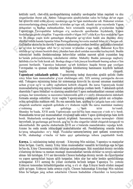 ik munosabatlarini mustahkamladilar va saqlab qoldilar. o‘zlari bosib olgan rayonlarda dehqonlar harakati qoldiqlarini shafqatsizlik bilan bostirdilar. manchjuriyaning yangi zodagonlari hamda mamlakatda imtiyozli mavqeni egallagan va jandarmalarning o‘ziga xos juda katta korpusi rolini o‘ynagan manchjur qo‘shinlari juda katta yerlarni bosib oldi; ularning vazifasi xalqning yangi harakati yo‘lidagi har-qanday urinishlarni doimo bostirib turishdan iborat edi. ayni vaqtda manchjurlar qo‘shni xalqlarga nisbatan dushmanlik va ishonchsizlik siyosatlari bilan xitoyni atayin yakkalab qo‘ydilar, bu jihatdan uning muvaffaqiyatli sosial-iqtisodiy rivojlanishiga halaqit berdilar. xitoyga yevropa mustamlakachilarining kirib kelishi va sin' dinastiyasining ularga qarshi kurashi. xvii asrda yevropalik savdogarlar va missionerlar xitoy ichkarisiga kirishga harkat qildilar. katolik (asosan portugalya va qisman fransiya) missionerlari bir vaqtlari manchjurlar ishonchini qozonib, ularga, jumladan, to‘pchi instruktorlar va qurol-yarog‘ ishining ustalari sifatida xizmat ko‘rmsatdilar. ayni vaqtda xvii asrning ikkinchi yarmida xitoyga ingliz, golland va fransuz ost-indiya kompaniyalarining vakillari kirib kelishga astoydil harakat qilib, xitoy hukumatidan turli yengilliklapr va imtiyozlar olishga muvaffaq bo‘ldilar. biroq, …