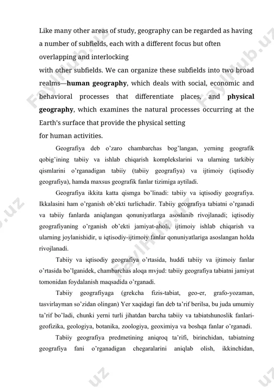 lanadi; iqtisodiy geografiyaning o’rganish ob’ekti jamiyat-aholi, ijtimoiy ishlab chiqarish va ularning joylanishidir, u iqtisodiy-ijtimoiy fanlar qonuniyatlariga asoslangan holda rivojlanadi. tabiiy va iqtisodiy geografiya o’rtasida, huddi tabiiy va ijtimoiy fanlar o’rtasida bo’lganidek, chambarchas aloqa mvjud: tabiiy geografiya tabiatni jamiyat tomonidan foydalanish maqsadida o’rganadi. tabiiy geografiyaga (grekcha fizis-tabiat, geo-er, grafo-yozaman, tasvirlayman so’zidan olingan) yer xaqidagi fan deb ta’rif berilsa, bu juda umumiy ta’rif bo’ladi, chunki yerni turli jihatdan barcha tabiiy va tabiatshunoslik fanlari-geofizika, geologiya, botanika, zoologiya, geoximiya va boshqa fanlar o’rganadi. tabiiy geografiya predmetining aniqroq ta’rifi, birinchidan, tabiatning geografiya fani o’rganadigan chegaralarini aniqlab olish, ikkinchidan, geografiyaning unga yaqin bo’lgan fanlar bilan o’zaro munosabatlarini belgilab olishni taqazo etadi. tabiat g’oyatda xilma-xildir. materiyaning ba’zi shakllari yerning qobiqlari uchungina xos bo’lib, ular sayyoramizdan tashqarida, koinotda tamomila boshqachadir. yer shari yuzasida: yer po’stining ma’lum bir chuqurligi bilan atmosferaning ma’lum bir balandligigacha bo’lgan qismida maxsus moddiy tizim vujudga kelgan. sayyoramizning ushbu ustki qobig’i uchun moddalarning uch holatda: …