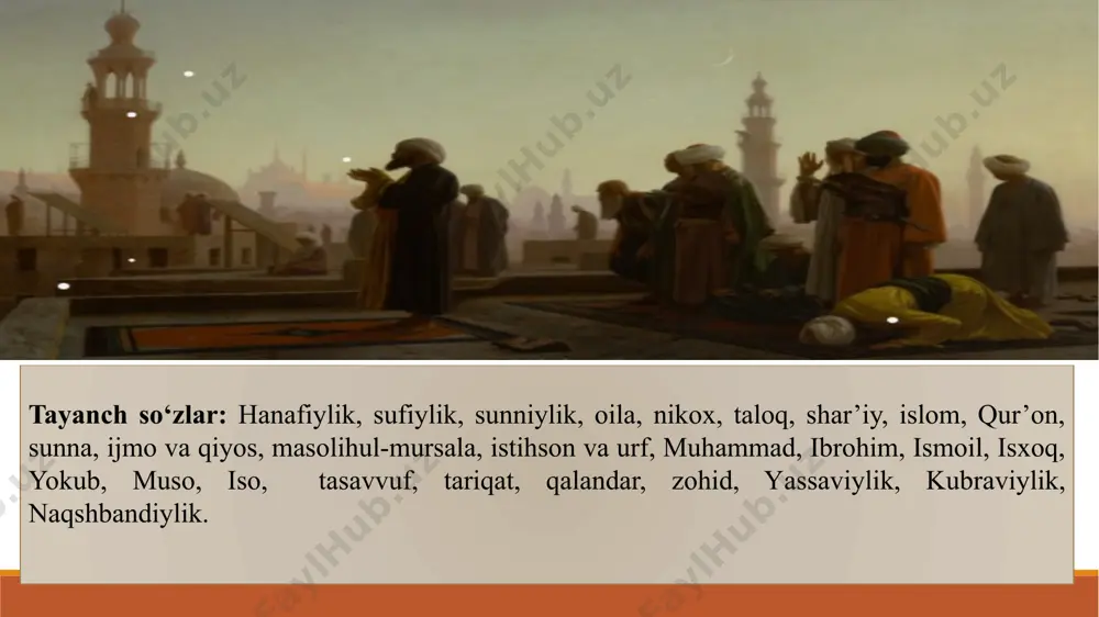 b, hayotdan ko`z yumgan. rus olimi v.a.gordlevskiy bu raqamni yana besh yilga ko`paytirib, yassaviy 125 yil yashagan, deydi. xii asrda markaziy osiyoda paydo boʼlgan ilk tasavvufiy tariqatning asoschisi xoja аhmad yassaviydir yassaviylik bilan bir asrda yuzaga kelgan tariqatlardan biri bu kubraviyadir. bu tariqatning asoschisi – shayx najmiddin kubro al–xivaqiy boʼlib, tasavvuf tarixidagi eng yorqin siymolardan biri hisoblanadi. kubro - ahmad ibn umar ibn muhammad xivaqiy alxorazmiy (laqablari: “najmiddin” (“dinning yulduzi”), “kubro” (“ulug‘”), “abu-l-jannob” (“dunyodan chetlanuvchi, parhez etuvchi”), “valiytarosh” (“valiylarni tarbiyalovchi”); 1145- 1221) – shayx, sufiylikning mashhur vakillaridan biri, kubroviylik tariqatining asoschisi. “kubraviya” yoki “zahobiya” deb ataluvchi tariqatiga asos soladi. mazkur tariqat soliklari (aʼzolari) orasida zikrning ovoz chiqarmasdan “hufiya” ijro qilish usuli keng qoʼllangan. kubroviylik ta’limotiga ko‘ra, har bir kishi kamolotga erishish uchun 10 asosga tayanmog‘i kerak. 1. tavba – o‘z xohishi bilan haq taologa qaytish; xudoning amrisiz, kishining o‘z ixtiyori bilan xudoni sevishi, o‘zining “men”idan kechishi. 2. zuhd fi-d-dunyo – …