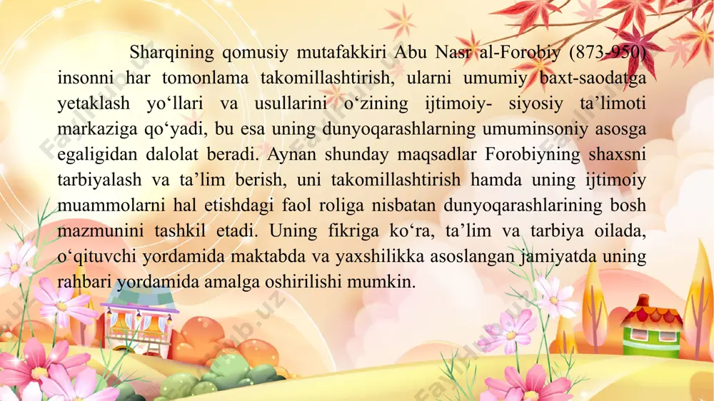 ovchi amaliy mashqlar. mavzu yuzasidan savol va topshiriqlar: 1.fozil shaharni boshqaradigan hokim qanday hislatlarga ega bo‘lmog’i lozim? 2.ibn sino nima uchun bolani onasi emas, balki tarbiyachi tarbiyalashi lozim degan fikrni aytadi? 3.abdulla avloniyniung yosh avlodga tarbiya berish haqidagi qarashlari? 4.k.d.ushinskiy ona tilini birlamchi o‘qitishning uchta asosiy maqsadlarini shakllantirgan. ularni sanab o‘ting. 5.bolalarga ona tilini birlamchi o‘rgatish asoschisi kim? foydalanilgan adabiyotlar ro‘yxati: o‘zbekiston respublikasining «kadrlar tayyorlash milliy dasturi».barkamol avlod – o‘zbekiston taraqqiyotining poydevori. –t.: 1997. -46 b. o‘zb. res. prezidenti sh.m. mirziyoyevning “2017-2021-yillarda maktabgacha ta’lim tizimini yanada takomillashtirish chora-tadbirlari to‘g‘risida”gi qarori. t.:- 2016y. 29-dekabr. sog‘lom ona va bola yili” davlat dasturi t.: -2016 yil «ilk qadam» davlat o’quv dasturi. –t.: 2022 kadirova r.m. maktabgacha katta yoshdagi bolalarda dialogik nutqni rivojlantirishning omillari (o’quv qo‘llanma). –t.: tdpu, 2002 bolalar uchun she’r va nutq o‘stirish (bolalar bog’chalari topishmoqlar to‘plami). t.: f.r.qodirov “bolalar nutqini rivojlantirish nazariyasi va metodikasi ruhiy omillar” toshkent. “istiqlol”2016 yil. d.r.babayeva “nutq …