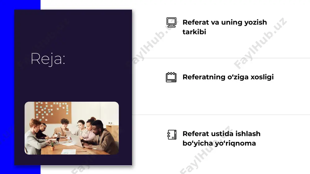 i dalillar, qiyoslashlar, mushohadalar, baholarga ega bo‘lmaydi aniq mavzuni shakllantirish, uni ochib berish bo‘yicha maqsad (reja)larni qo‘yish va ilmiy tadqiqot uslublarini ishlab chiqish mustaqil ta’limga o‘rgatish berilgan mavzu bo‘yicha izlash, tahlil qilish, qayta ishlash va tizimlashtirish usullarini egallash aqliy rivojlanish darajasini oshirish. referatni bajarish maqsadlari referat yozishdagi asosiy xatoliklar referat unikalligining past ekanligi. aksari o‘qituvchilar maxsus dasturlar yordamida osongina referat plagiat ekanligini aniqlay oladi va talabaga qayta ishlash uchun qaytaradi. yomon xolatda bo‘lsa darrov qoniqarsiz baho qo‘yishlari mumkin. referatni yozilishi uslibi ilmiy emasligi. esda tutish lozim: har qanday talabaning ishida ilmiy uslubdan foydalanish lozim bo‘ladi. referatning tuzilishi bibliografik bayon: f.i.o. asar nomi. nashr qilingan joyi. nashriyot. yil. sahifalar soni. referat matni mavzu, muammo; referat qilinadigan ishning predmeti, maqsadlari va tuzilishi. qisqacha mazmuni. aniq natijalari. muallif xulosalari. ish natijalari qo‘llaniladigan soha. referat materialning shunchaki bir oddiy takrorlanishi, bir yoki bir necha manbalardagi materialni o‘zlashtirib olishdan iborat bo‘lib qolmasligi, ya’ni ko‘chirmachilik va …