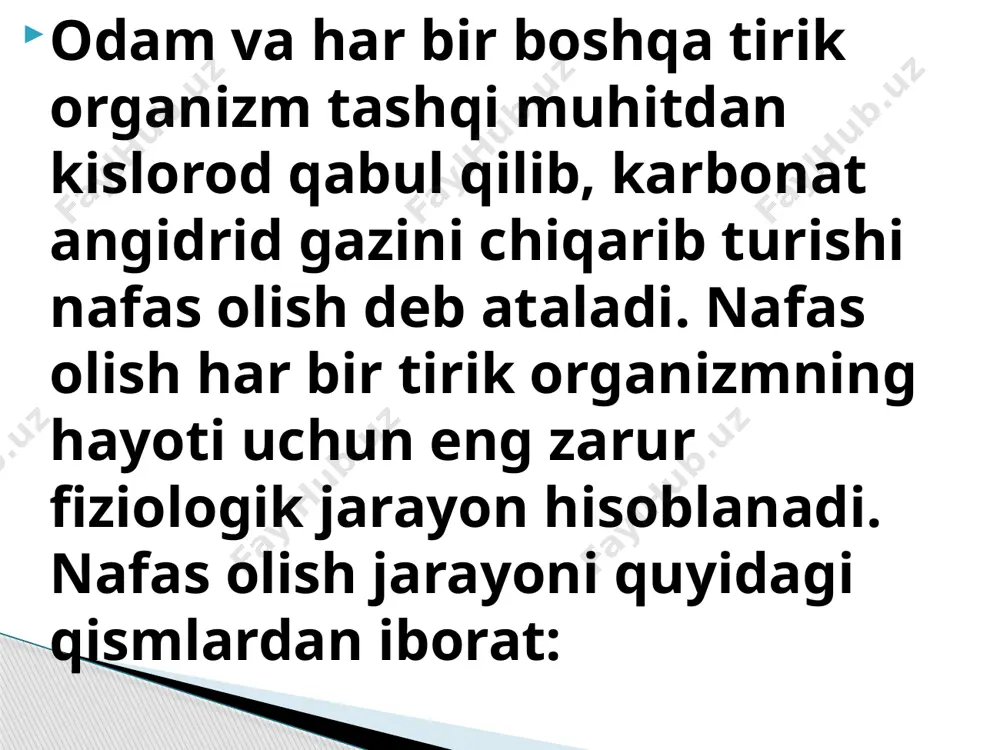 da 45% uglerod, 42% o2, 6,5% h2, 1,5% n2 mavjud bo’lib, qolgan 5% ni boshqa elementlar tashkil etadi. kislorod yonish, achish, oksidlanish jarayonlarida ishtirok etadi. inson 1 sutkada 500 litr o2 gazidan iste’mol qilib, o’pka orqali qariyb 10 ming litr havoni o’tkazadi. bitta avtomobil bir sutkada 20-30 nafar odamga 1 yilga yetadigan kislorodni sarflaydi. inson nafas olganda qon tarkibidagi gemoglobin o2 ni biriktirib, oqsil va organik moddalarning vujudga kelishiga ishtirok etadi. kislorod atmosferada doimo dinamik muvozanatda bo’ladi. agar kislorodning dinamik muvozanati bo’lmaganda edi, ushbu faol molekulalar atmosferadan 10 ming yildayoq butunlay yo’q bo’lib ketar edi. yer sharini o’rab olgan havo qatlami atmosfera deyiladi. atmosfera tabiatning eng muhim element-laridan biri bo’lib, tirik organizmlarning yashash joyidir. atmosfera bo’lmaganda edi yer shari kechalari va qish paytida o’z nurlari hisobidan sovib ketib, kunduzi va yoz paytida quyosh radiasiyasi ta’sirida qizib ketardi. mana shu hodisa oyda bo’ladi, chunki u yerda atmosfera yo’q. atmosfera havosini ifloslantiruvchi …