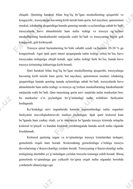 jasida qurt tanasida hosil bo’lgan karbonat angidrid molekulalari gemolimfa orqali teri qoplamiga yetkaziladi. gemolimfaning so 2 ni erkin molekulali eritma ko’rinishida saqlash qobiliyati ularning qurt terisi orqali chiqib ketishini ta’minlaydi. organizmga tushgan moddalar (oziq moddalar) umumiy oksidlanish jarayonida ishtirok etadi. bu jarayon havodagi kislorod yordamida amalga oshib, suv va karbonat angidridga ajraladi. ajralib chiquvchi moddalar bu jarayoning mahsuli hisoblanadi. oksidlanish jarayoni bog’langan reaksiya hisoblanadi, bunda bitta modda ikkinchi moddaning qaytarilishi hisobiga oksidlanadi. oksidlanish deganda, kislorodning to’g’ridan-to’g’ri birikishi va vodorodning ajralib chiqishi tushuniladi. oksidlovchi fermentlar nafas olishda kislorodni faollashtirib beradi. gaz almashinuvi qurt bir bosqichdan ikkinchi bosqichga o’tish vaqtida moddalar almashinuvining o’zgarishiga ta’sir etadi. qurtlik bosqichi o’tgan sari qurtning tirik vazni ortib boradi, nafas olish intensivligi va energiya esa yosh ortgan sari kamayib boradi. po’st tashlash (xitinli qavatni tashlash) vaqtda qurt oziqlanish-dan va harakatlanishdan to’xtaydi. bu vaqtda gaz almashinuvi ham o’zgaradi. nafas olish energiyasi mayda turlarida (tuxum, qurt, g’umbak, kapalak) yirik …