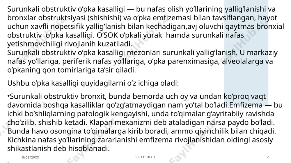 r o’sok spirometrik tasnifi eto izobrajenie, avtor: neizvestniy avtor, litsenziya: cc by-nc 8/03/20xx pitch deck 5 nafas qisilishi yoki havo yetishmasligi hissi — dastlab jismoniy zo’riqishda, keyin esa dam olish paytida; havo yetishmovchiligi changli joyda, sovuqda, havodagi ta’sirlovchi moddalar mavjud bo’lganda kuchayadi; balg’am bilan yoki bo’lmasdan surunkali yo’tal; nafas chiqarishda va ayniqsa majburiy nafas olishda nafas olish uzayishi; xirillash; bochkasimon ko’krak qafasi (old-orqa ko’krak hajmi kattalashadi). 8/03/20xx pitch deck 6 diagnostikasi anamnez, fizik tekshiruv va rentgenografiya asosida kasallikni tashxislash mumkin. tashxis funksional nafas olish testlari bilan tasdiqlanadi. eng muhim diagnostika usuli spirometriya. uning yordamida o’pkaning hayotiy hajmi qobiliyati, 1 soniyadagi majburiy ekspiratsiya hajmi va boshqa ko’rsatkichlar ma’lum bir sxema bo’yicha o’lchanadi. spirometriyadan tashqari, tashqi nafas olish funksiyasini har tomonlama o’rganish diffuziya testini, bronxodilatator bilan testni, bodipletizmografiyani o’z ichiga oladi. balg’amni sitologik tekshirish bronxlar va o’pkada yallig’lanish xususiyatini baholash, bakteriyalar va viruslar mavjudligini aniqlashga imkon beradi. 8/03/20xx pitch deck 7 nafas …