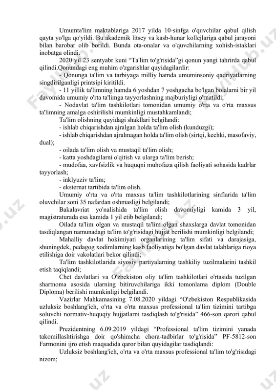 bunga harakat boshlandi. qolaversa, unda 1997 yil o'zbekiston respublikasi oliy majlisi ix sessiyasida qabul qilingan «kadrlar tayyorlash milliy dasturi»ning ilk chizmalarini ko'rish mumkin edi. ta'lim tizimida oliy ta'limda fanlar asosida o'qishga qabul qilish ham adolatli tartibda kechishini ta'minlash uchun test tizimiga o'tildi. 1993 yilda oliy ta'lim tizimidagi islohotlarga keng e'tibor berildi. bu masala o'zbekiston respublikasi vazirlar mahkamasida alohida yig'inda taxlil etildi. oliy o'quv yurtlarining ahvoli va ularni ishlab chiqarish korxonalari bilan munosabatlari takomillashtirish maqsadida test tizimiga o'tish zarurligi kun tartibiga qo'yildi. mamlakatimizda istiqlolning dastlabki yillaridan boshlab ta'lim-tarbiya tizimini tubdan isloh qilishga alohida e'tibor qaratilib, farzandlarimizning jahon andozalari darajasida zamonaviy bilim va kasb-hunarlarni egallashi, jismonan va ma'nan yetuk insonlar bo'lib ulg'ayishi, ularning qobiliyat va iste'dodini, intellektual salohiyatini yuzaga chiqarish, yosh avlod qalbida vatanga sadoqat va fidoyilik tuyg'ularini yuksaltirish borasida ulkan ishlar amalga oshirilmoqda. prezidentimizning 2017 yil 7 fevraldagi "o'zbekiston respublikasini yanada rivojlantirish bo'yicha harakatlar strategiyasi to'g'risida"gi farmonida ijtimoiy soha, xususan, ta'lim …