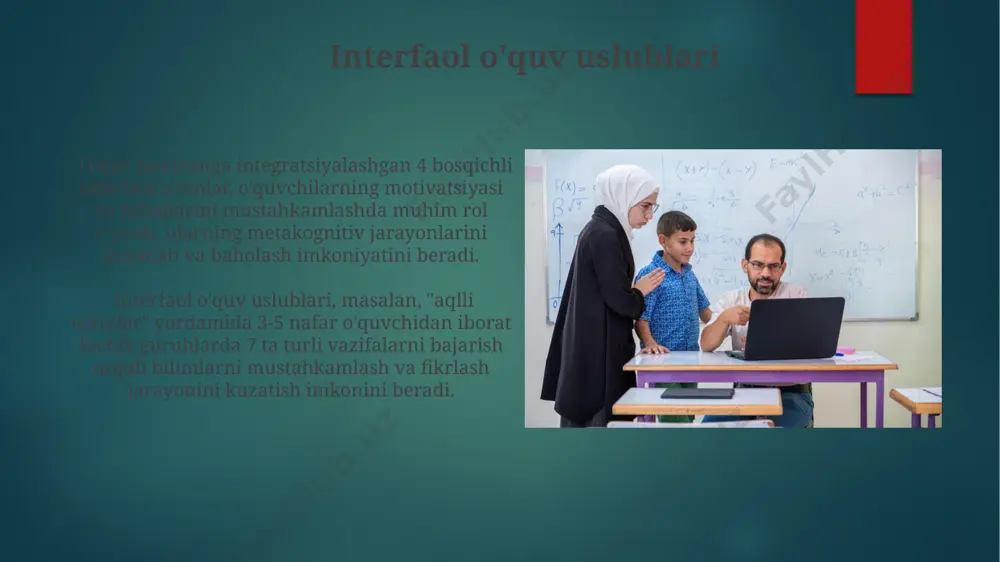 o‘quvchilarning charchoqni kamaytirish va konsentratsiyani saqlashga yordam beradi. baholash va ta'riflash usullari samarali baholash uchun kamida 2 xil baholash usulini (masalan, yozma test va amaliy topshiriq) birlashtirish va har bir usul uchun aniq ballar sistemasini (masalan, 10 balldan) joriy etish tavsiya etiladi. talabalarning individual farqlarini hisobga olgan holda, taʼriflash usullarida (masalan, sifatli va miqdoriy) kamida 2 ta turli yondashuvni qoʻllash va natijalarni tahlil qilishda statistik usullarni (masalan, oʻrtacha qiymati) qoʻllash kerak. xotira va uning turlari uzoq muddatli xotira ikki turga bo'linadi: deklarativ (faktlari, voqealari) va protsedural (ko'nikmalar, odatlar) xotira. ularning faollashishi va mustahkamlanishi turli ta'lim usullarini talab qiladi. effektli o'rganish uchun ma'lumotlarni 7 ± 2 birlikdan oshmasligi kerak, chunki qisqa muddatli xotira sig'imi cheklangan. shuning uchun ma'lumotlarni mantiqiy bo'laklarga ajratish muhim. muammolarni yechish strategiyalari muammolarni yechishda 3 bosqichli strategiya (tushunish, rejalashtirish, amalga oshirish) talabalarning muammolarni tahlil qilish va hal qilish qobiliyatlarini rivojlantiradi. metakognitsion strategiya sifatida, 5w1h (kim? nima? qachon? qayerda? …