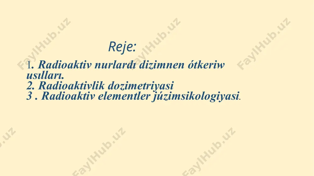 landıq hám sidikte qan payda boladi. qan morfologiyalıq quramında gemoglobin, leykosit, eritrosit, trombositlar muǵdarı azayadı. zıyanlanıwdıń ótkir basqıshında qan ónim boliwi keskin azayadı. haywanlardıń bawırı funksiyası ózgeredi. tritiydiń salıstırǵanda úlken biologiyalıq aktivligi onıń toqimalar kóleminiń birliginde rentgen hám nurlarǵa qaraǵanda 10 -30 ret úlkenlew ionlasıw qısıqlıǵın payda etiwi menen baylanıslı. bunnan tısqarı tritiy bólekleniwinde 2 3 he ónim boladi, bul izotop dnk dagi vodorod puwlardi úziwi múmkin. nátiyjede genetikalıq effektler payda boladi juwmaqlaw radioaktiv nurlardıń tiri organizmge tásiri túrlishe bolıp tabıladı. normadan artıqsha tasirler organizm toqimalarin buzadı. sol sebepli ekspozision doza hám nurlanıw dozasi degen túsinikler kiritilgen. radiatsiyadan qorǵawlanıw da zárúrli áhmiyetke iye. yadro dúzilisi haqqındaǵı taliymat jaqında ǵana óz rawajlanıwın taptı. lekin soǵan qaramastan házirgi waqıtta yadroda bolıp atqan processlerden ámelde keń paydalanılıp atır. e.ysmoilov n.mamatqulov va boshqalar biofizika ham radiobiologiya"sano-standart ‘’nashiriyoti 2018 jil biofizika ham radiobiologiya lekciya toplami google.uz.com paydalanilg’an adebiyatlar: itibarin'iz ushin raxmet image1.jpeg image2.jpeg image3.jpeg image4.jpeg …