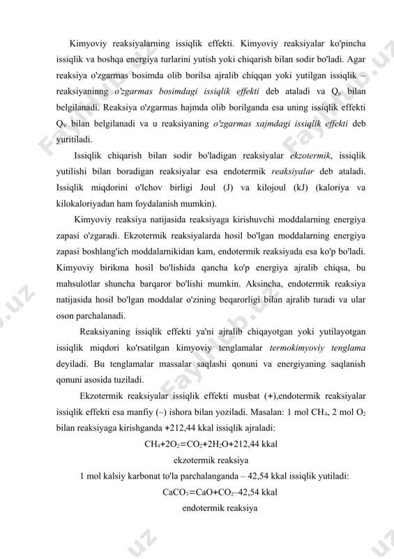ol kalsiy karbonat to'la parchalanganda – 42,54 kkal issiqlik yutiladi: caco3(cao(co2–42,54 kkal endotermik reaksiya kimyoning kimyoviy reaksiyalarning issiqlik effektlari miqdorini o'rganadigan bo'limi termokimyo deyiladi va bu soha kimyoviy termodinamikaning bir qismini tashkil etadi. termodinamikaning i qonuni. reaksiyaning o'zgarmas bosim (qp) va o'zgarmas xajm (qv) dagi issiqlik effekti tushunchalarini to'la tushunish uchun termodinamikaning i qonunidan foydalanamiz. bu qonunga muvofiq, har bir sistema o'zining ichki energiyasi u ga ega bo'lib uning o'zgarishi sistemaga berilgan issiqlik q va sistema bajargan ish a qiymatiga bog'liq. ( u(q – a yoki q( (u(a termodinamikaning i qonuni quyidagicha ta'riflanadi: sistemaga berilgan issiqlik miqdori uning ichki energiyasining o'zgarishi ((u) va sistemaning tashqi kuchlar ustidan bajargan ishi (a) ga sarf bo'ladi. tashqi muhitdan ajralgan deb faraz qilingan modda yoki moddalar guruhi termodinamikada sistema nomi bilan yuritiladi. sistemaning ichki energiyasi deganda moddaning umumiy energiya tutumini tushunish kerak. oddiy moddalardan bir mol birikma hosil bo'lganida ajralib chiqadigan yoki yutiladigan issiqlik …