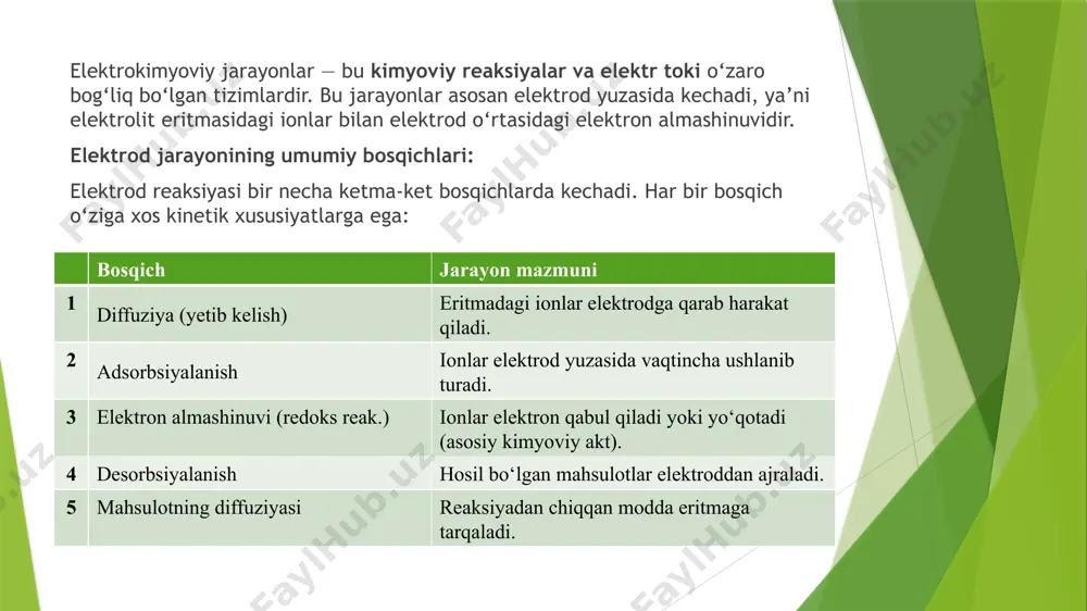 ayif elektrolitlar eritmasidagi dissotsiatsiya muvozanatini matematik ifodalashda muhim rol o‘ynaydi. zayif elektrolitlar suvda to‘liq dissotsiatsiyalanmaydi, ya’ni ular ionlarga qisman parchalanadi. masalan, sirka kislotasi (ch₃cooh) suvda quyidagi muvozanatli reaksiya orqali dissotsiatsiyalanadi: ch3cooh⇌ch3coo−+h+ ostvald qonuni aynan shunday muvozanatlarda ionlarga dissotsiatsiya darajasi bilan elektrolit konsentratsiyasi o‘rtasidagi bog‘liqlikni ifodalaydi. konduktometr konduktometr elektrolit eritmasining o‘tkazuvchanligini o‘lchovchi eng asosiy va keng tarqalgan asbobdir. u ikki elektroddan iborat bo‘lib, bu elektrodlar odatda platina materialidan tayyorlanadi. eritmaga botirilgan bu elektrodlar orqali o‘zgaruvchan tok yuboriladi. o‘zgaruvchan tok yuborilishi ionlarning qutblanishini oldini oladi. konduktometrning asosiy elementi bu hujayra doimiysidir. bu doimiy elektrodlarning o‘zaro masofasi va yuzasiga bog‘liq bo‘ladi. o‘lchov natijasi o‘tkazuvchanlik birliklarida ifodalanadi. zamonaviy konduktometrlar harorat kompensatsiya tizimi bilan jihozlangan bo‘ladi. bu tizim harorat ta’sirida yuzaga keladigan ion harakatining farqlanishini bartaraf qiladi. raqamli portativ konduktometr raqamli portativ konduktometr kichik o‘lchamli va qulay ko‘chma asbob bo‘lib, ayniqsa dala sharoitida ishlatiladi. bu asboblarda o‘rnatilgan elektrodlardan foydalaniladi. sensor eritmaga tushirilganda u orqali tok …