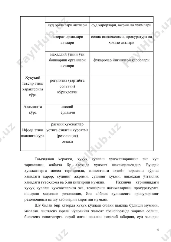 ш ҳужжатларининг энг кўп тарқалгани, албатта бу алоҳида ҳужжат шаклидагисидир. бундай ҳужжатларга мисол тариқасида, жиноятчига эҳтиёт чорасини кўриш ҳақидаги қарор, суднинг ажрими, суднинг ҳукми, никоҳдан ўтганлик ҳақидаги гувоҳнома ва б.ни келтириш мумкин. иккинчи кўринишдаги ҳуқуқ қўллаш ҳужжатларига эса, текшириш натижаларини прокуратурага ошириш ҳақидаги резолюция, ёки айблов хулосасига прокурорнинг резолюцияси ва шу кабиларни киритиш мумкин. шу билан бир қаторда ҳуқуқ қўллаш оғзаки шаклда бўлиши мумкин, масалан, чиптасиз юрган йўловчига жамоат транспортида жарима солиш, билетсиз кинотеатрга кириб олган шахсни чиқариб юбориш, суд залидан гувоҳни чиқариб юбориш каби1. бундан ташқари, ҳуқуқ қўллаш ҳужжатларини яна индивидуал ва умумий аҳамиятли ҳужжатларга ҳам бўлиш мавжуд. индивидуал ҳуқуқ қўллаш ҳужжатлари аввалдан аниқ бўлган конкрет шахсларга таалуқли бўлади, масалан, пенсия тайинлаш, никоҳдан ўтиш, суднинг ҳал қилув қарори, ҳукми ва ҳоказолар. кўпчилик ҳуқуқ қўллаш ҳужжатлари мана шу гуруҳга киради. яна бир гуруҳ ҳуқуқ қўллаш ҳужжатлари мавжудким, улар қабул қилинганидан кейин бир неча ҳуқуқий муносабатларнинг вужудга келишига олиб келади ва …