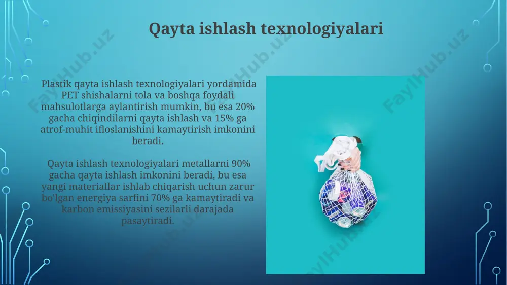 jovchi texnologiyalar, masalan, tomchilab sug'orish tizimlari, suv sarfini 50% gacha kamaytirishi va hosildorlikni 20-30% ga oshirishi mumkin. membrana filtrlash texnologiyalari suvni tozalashda energiya sarfini 30% ga kamaytiradi va qayta ishlangan suvni qishloq xo'jaligida ishlatish imkonini beradi. zero chiqindi texnologiyalari zero chiqindi printsiplari, biogaz kabi chiqindilarni qayta ishlash orqali energiya ishlab chiqarishni o'z ichiga olib, yillik energiya tejashni 15% ga oshirishi mumkin. nol chiqindi texnologiyalari, ishlab chiqarish jarayonida chiqindi hosil bo'lishini 90% ga kamaytirib, atrof-muhitga ta'sirni sezilarli darajada pasaytiradi va resurslarni samarali ishlatishni ta'minlaydi. aylanma iqtisodiyotga asoslangan texnologiyalar zero-waste ishlab chiqarish texnologiyalari chiqindilarni 99% ga kamaytirib, resurslar samaradorligini 25% ga oshiradi va atrof-muhitga salbiy ta'sirni minimal darajaga tushiradi. aylanma iqtisodiyotga asoslangan texnologiyalar chiqindi suvlarni 90% gacha qayta ishlash va sanoat jarayonlarida suv iste'molini 50% ga kamaytirish imkonini beradi. e'tiboringiz uchun rahmat @taqdimot_robot image3.jpg image4.jpg image5.jpg image6.jpg image7.jpg image8.jpg image9.jpg image10.jpg image11.jpg image12.jpg image13.jpg image14.jpg image2.png