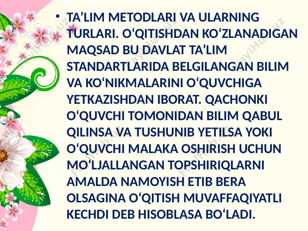 ish modellarida birvarakayiga foydalaniladi. odatda dars jarayoni ikki yoki undan ortiq asosiy uslublardan tashkil topadi va bu uslublar dars mavzusiga to‘la muvofiq bo‘lib, o‘quvchilarning bilim va tajribasi qay bosqichda ekanligiga qarab qo‘llaniladi. o‘qituvchi markazda bo‘lgan uslub. bu uslub orqali o‘qituvchi o‘zi egallagan ma’lumot va ko‘nikmalarni o‘quvchilarning sezgi organlari orqali uzatish yo‘llarini qidiradi. bunda o‘quvchilarning ishtiroki passiv bo‘ladi, ya’ni ular tinglaydilar, kuzatadilar va ma’ruzalarni yozib boradilar. bu uslublar asosan o‘qituvchining qo‘yidaagi faoliyat turlari orqali amalga oshiriladi: og‘zaki o‘qitish usuli (ma’ruza, hikoya) insonlar o‘rtasidagi eng sodda muloqot yo‘llaridan biri – og‘zaki nutq – og‘zaki ta’rif yoki asosiy mazmunning ogzaki ifodasi hisoblanadi. bu uslub butunlay «so‘zlash» orqali amalaga oshiriladigan o‘qitishning eng rasmiy uslubi hisoblanadi. u 40 daqiqa yoki undan uzoqroq davom etadi va odatda o‘quvchining ishtiroki uchun hech qanday imkoniyat qoldirmaydi.bunda asosan o‘quvchining eshitish qobiliyati ishga solinadi. yangilik kashf etish orqali o‘rganish usuli bu yondoshuv o‘quvchilarning egallagan nazariy bilimlarini tadbiq etish bilan bir …