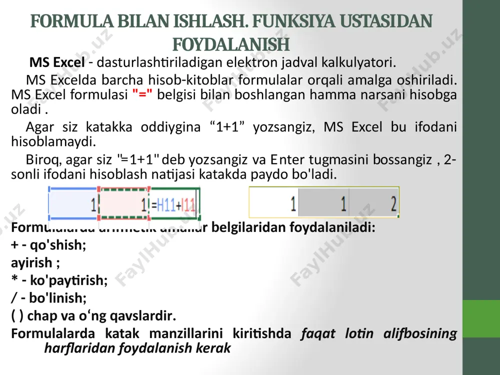 asini bosing. keyin o'zgartirishlaringizni kiriting va formulalar panelidagi enter tugmasini bosing yoki enter tugmasini bosing . agar siz formulaga to'g'ridan-to'g'ri u yozilgan katakchaga o'zgartirish kiritmoqchi bo'lsangiz, ushbu formula bilan katakchani ikki marta bosing. o'zgarishlarni bekor qilish uchun formulalar panelidagi bekor qilish tugmasini bosing yoki esc tugmasini bosing . funksiya ustasidan foydalanish funktsiyalar - bu argumentlar deb ataladigan berilgan qiymatlar bo'yicha va ma'lum tartibda hisob-kitoblarni amalga oshiradigan oldindan belgilangan formulalar. ushbu funktsiyalar oddiy va murakkab hisob-kitoblarni amalga oshirishga imkon beradi . funktsiya - bu tayyor blok (kod), ba'zi muammolarni hal qilish uchun mo'ljallangan. excel -dagi barcha funktsiyalar quyidagilar bilan tavsiflanadi: sarlavha; maqsad (aslida u nima qiladi); argumentlar soni (parametrlar); argumentlar turi (parametrlar); qaytish turi. excel excel funktsiyalari murakkab hisob-kitoblar uchun maxsus, oldindan tuzilgan formulalar bo'lib, foydalanuvchidan faqat argumentlar kiritishni talab qiladi. funktsiyalar ikki qismdan iborat: funksiya nomi va bir yoki bir nechta argument. funksiya nomi bu funksiya bajaradigan amalni, masalan, sumni …